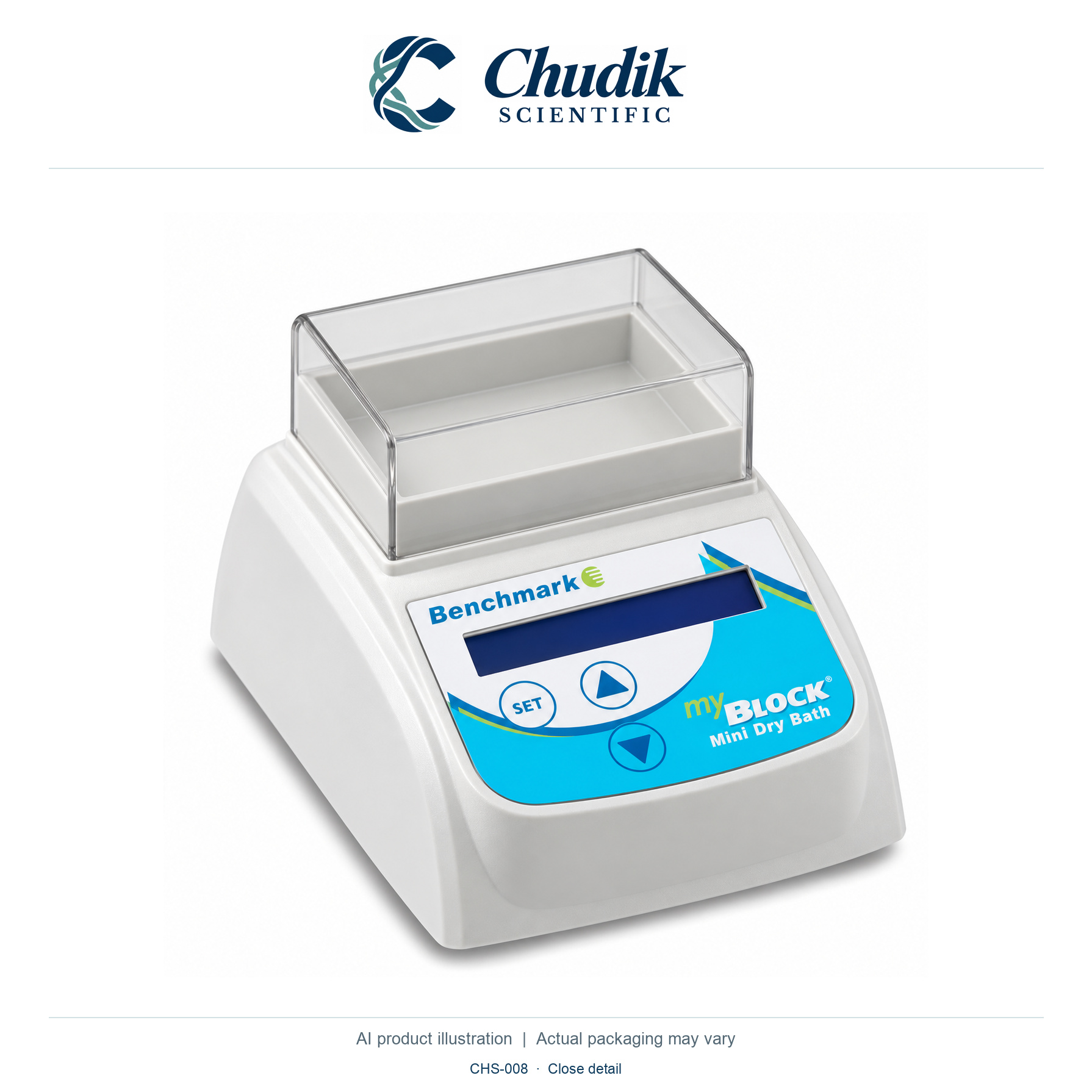 myBlock Mini Digital Dry Bath, One unit; blocks sold separately — close detail, Chudik Scientific catalog illustration