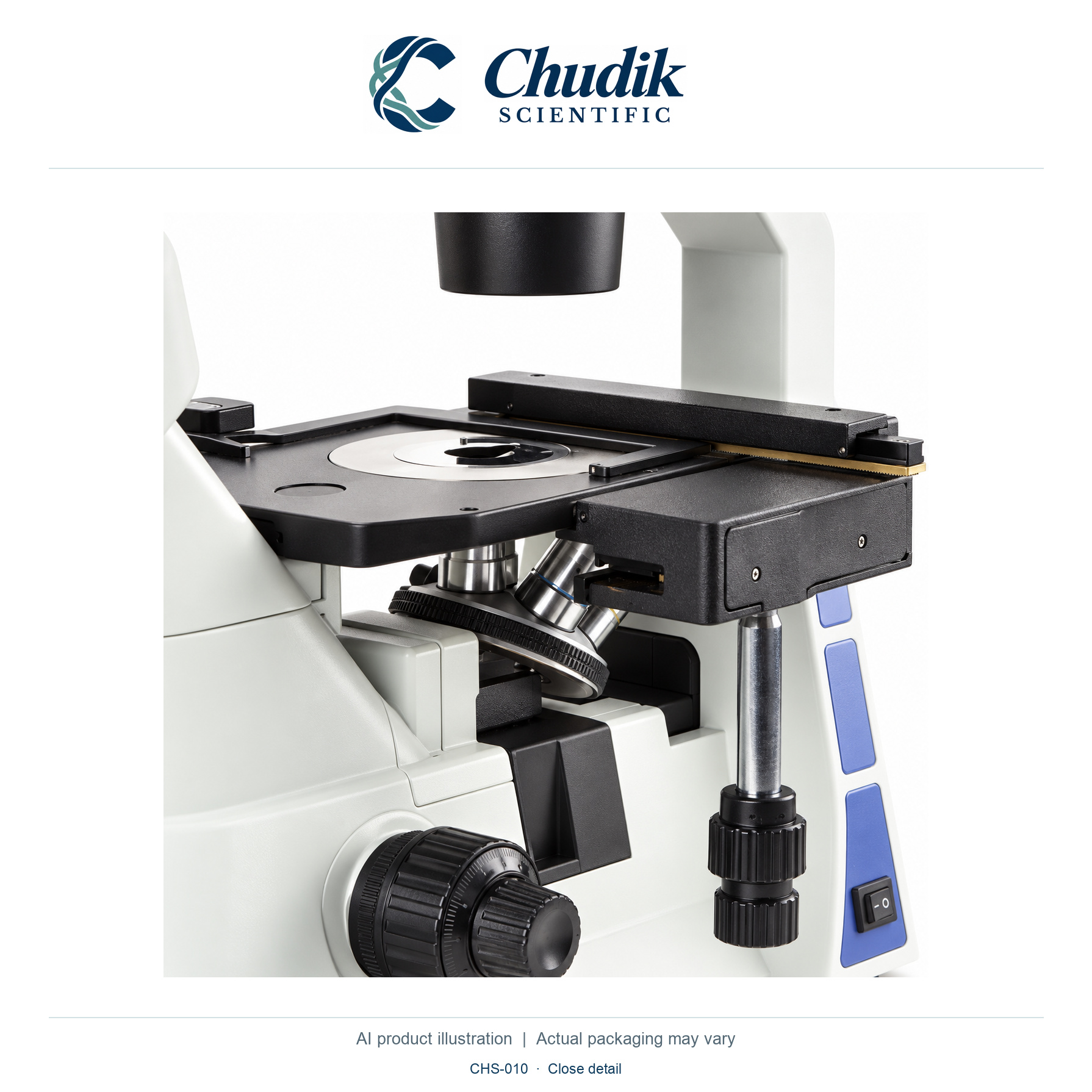 Inverted Trinocular Microscope, 10×/20×/40×, Each — close detail, Chudik Scientific catalog illustration