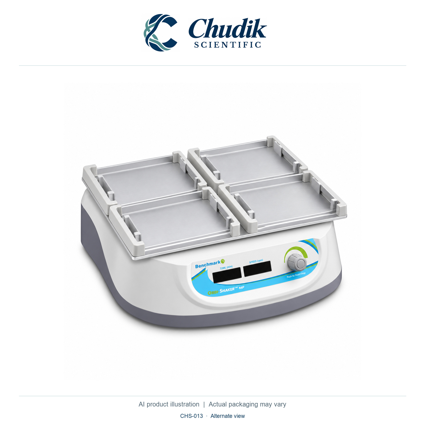 Orbi-Shaker MP Microplate Shaker, Universal voltage; 4-position platform included — alternate view, Chudik Scientific catalog illustration