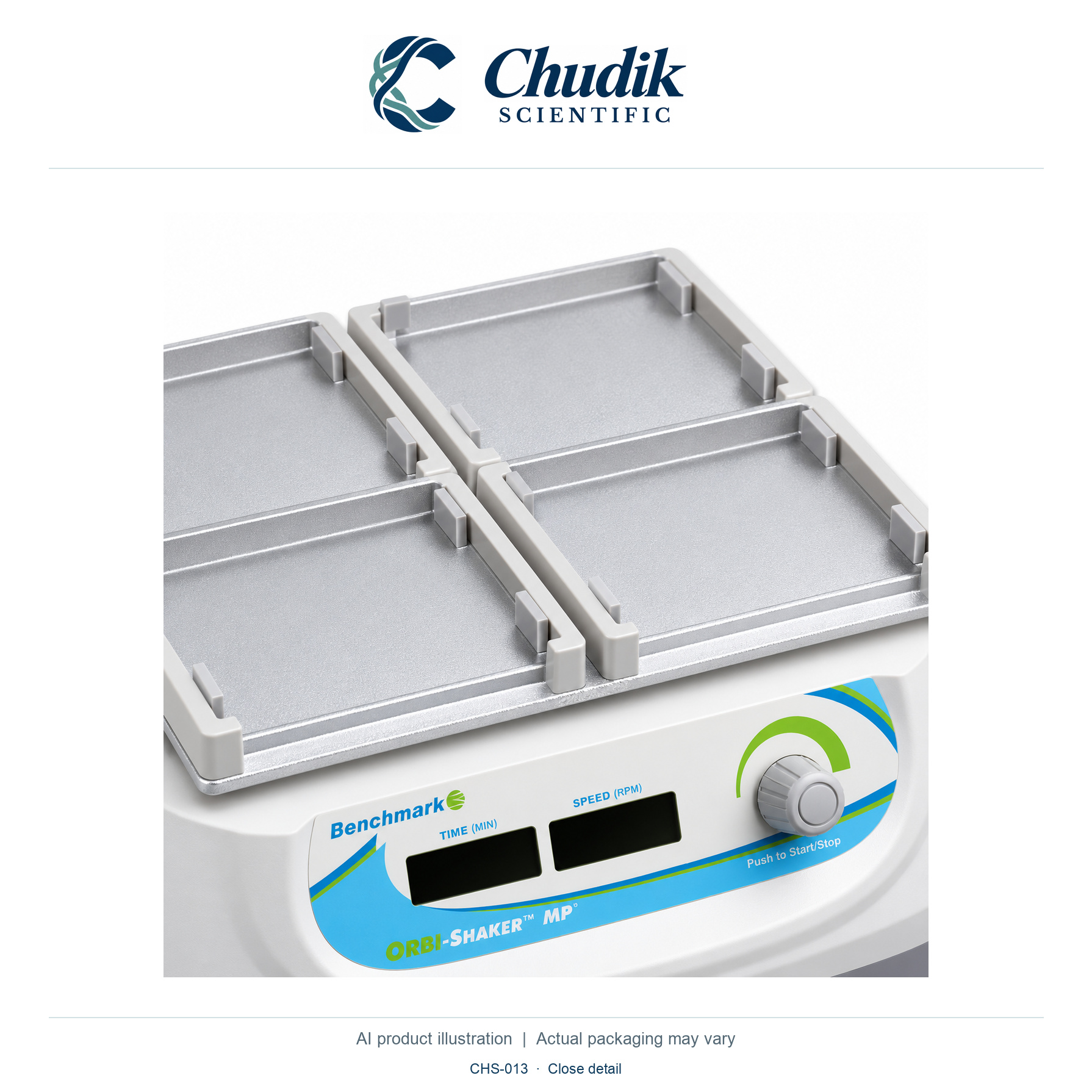 Orbi-Shaker MP Microplate Shaker, Universal voltage; 4-position platform included — close detail, Chudik Scientific catalog illustration