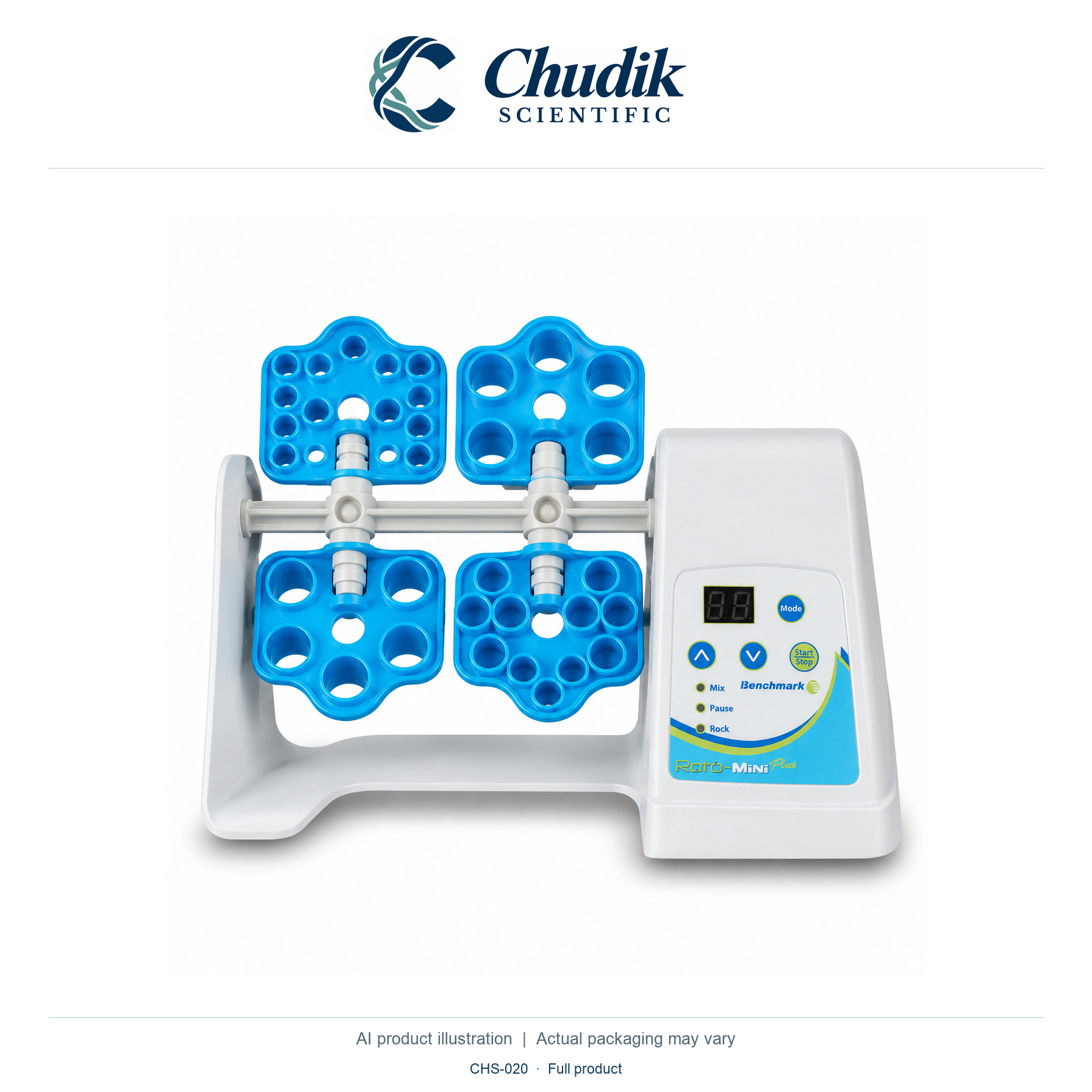 Roto-Mini Plus Variable-Speed Rotator, Universal voltage; standard tube holders included — full product, Chudik Scientific catalog illustration