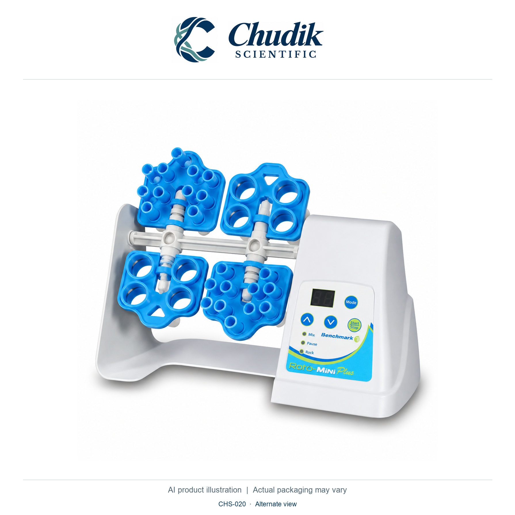 Roto-Mini Plus Variable-Speed Rotator, Universal voltage; standard tube holders included — alternate view, Chudik Scientific catalog illustration