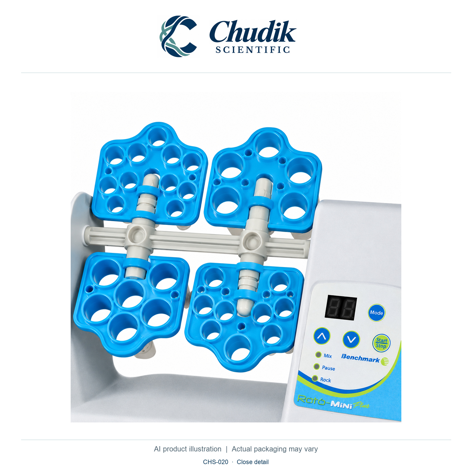 Roto-Mini Plus Variable-Speed Rotator, Universal voltage; standard tube holders included — close detail, Chudik Scientific catalog illustration