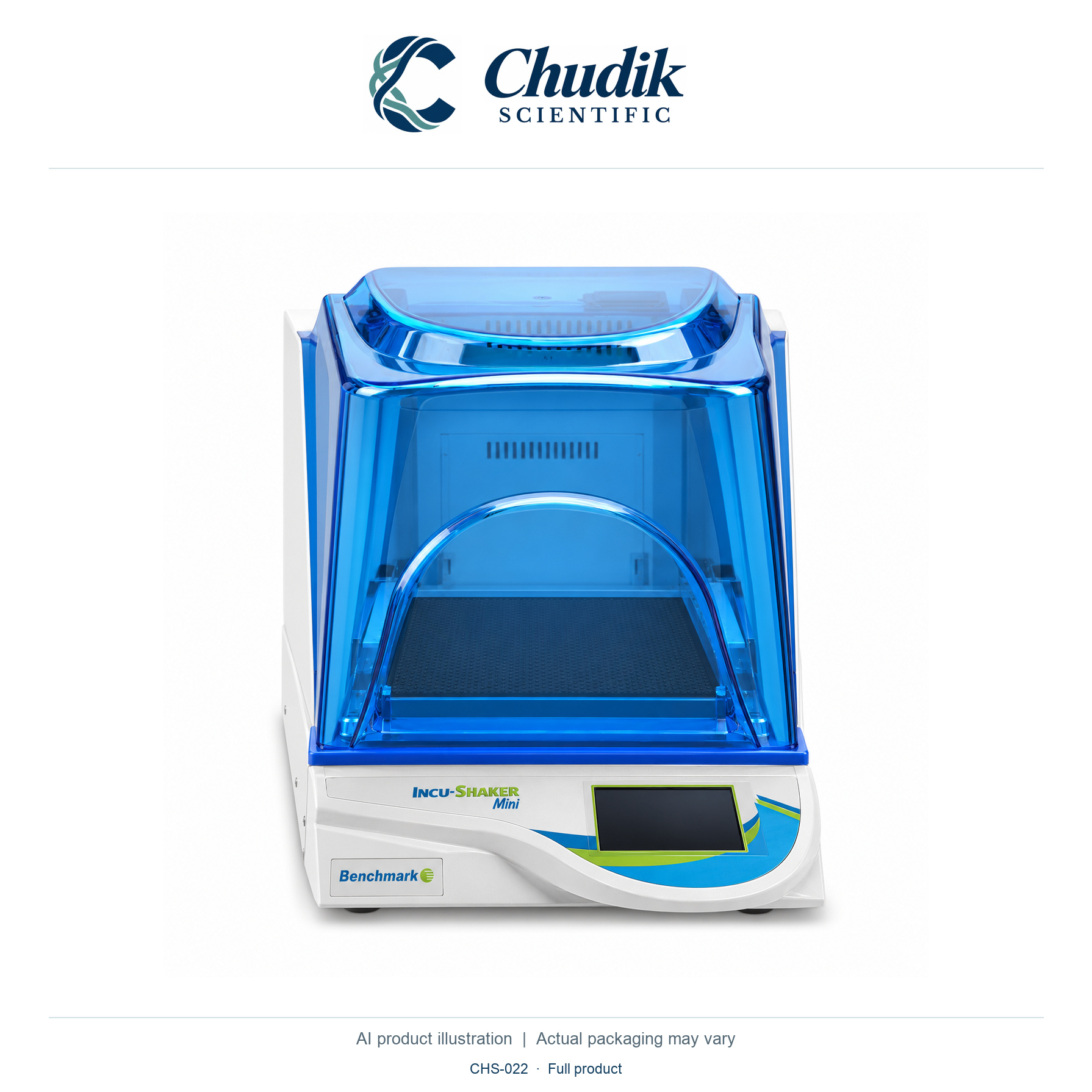 Incu-Shaker Mini Shaking Incubator, 115V; standard rubber mat platform — full product, Chudik Scientific catalog illustration