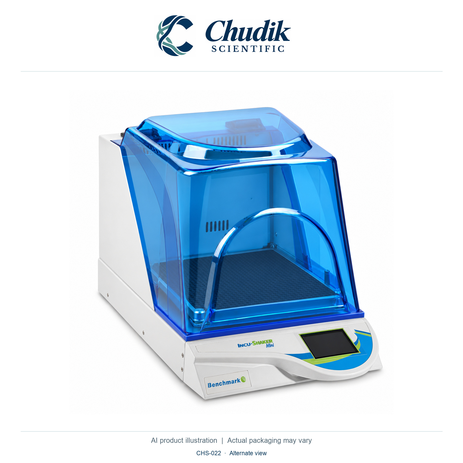 Incu-Shaker Mini Shaking Incubator, 115V; standard rubber mat platform — alternate view, Chudik Scientific catalog illustration