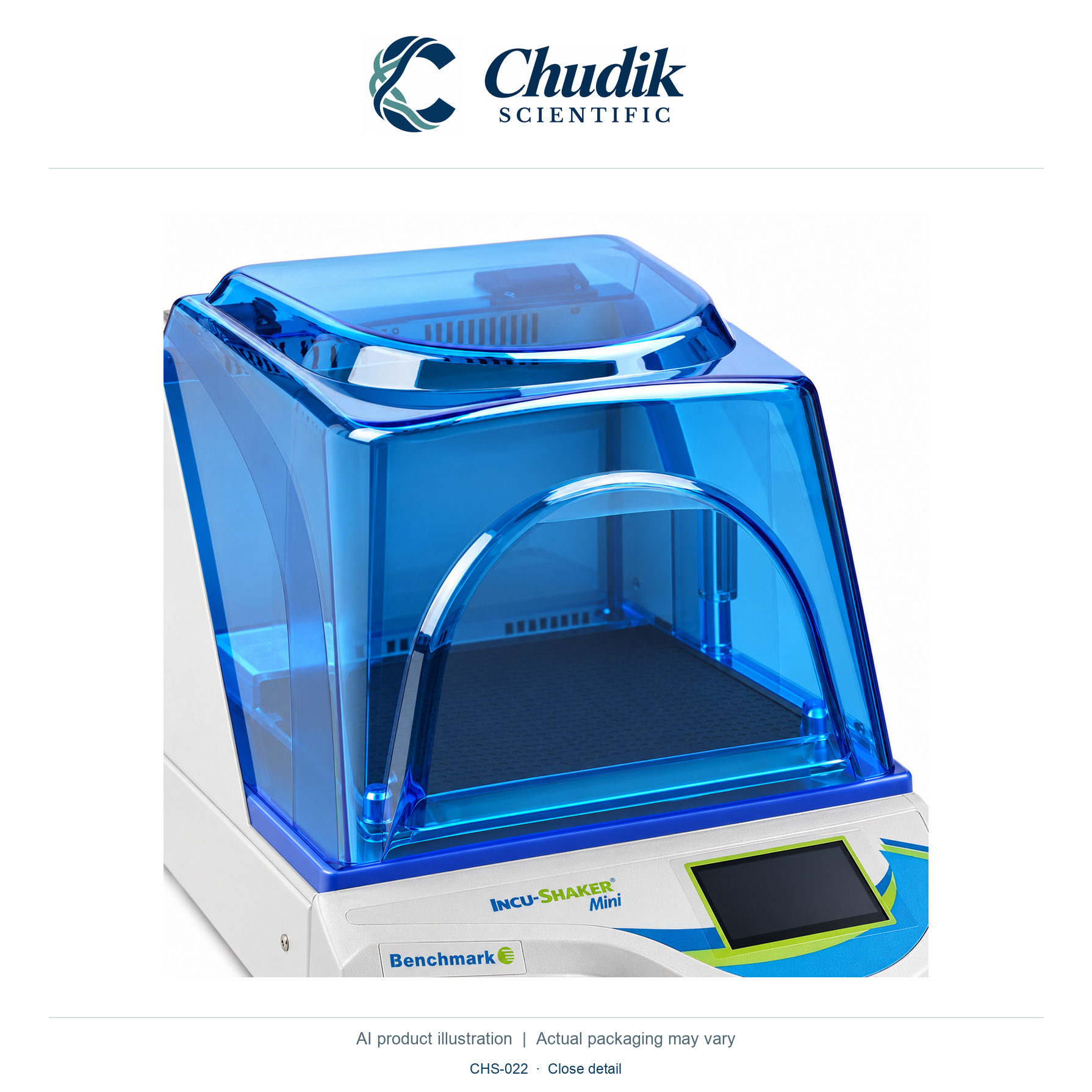 Incu-Shaker Mini Shaking Incubator, 115V; standard rubber mat platform — close detail, Chudik Scientific catalog illustration