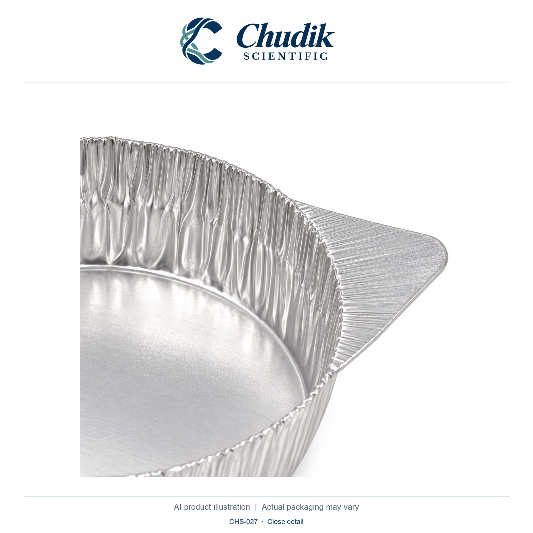 Oil-Free Aluminum Weighing Boats, 50 mL, 50mL crinkle wall with finger tab; 100pack — close detail, Chudik Scientific catalog illustration