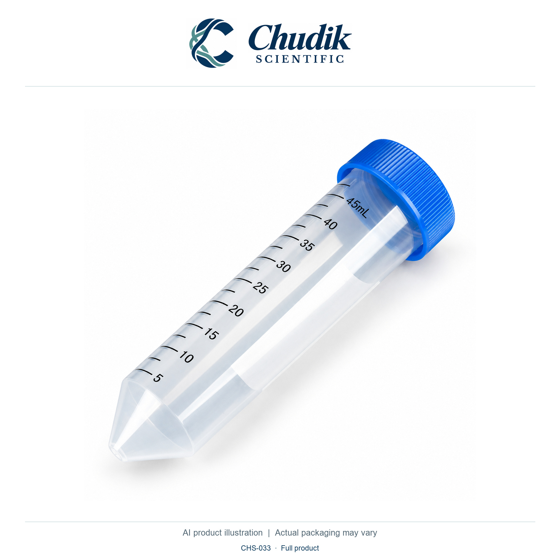 Sterile Conical Centrifuge Tubes, 50 mL, 50 mL, sterile, blue cap; case of 500 — full product, Chudik Scientific catalog illustration