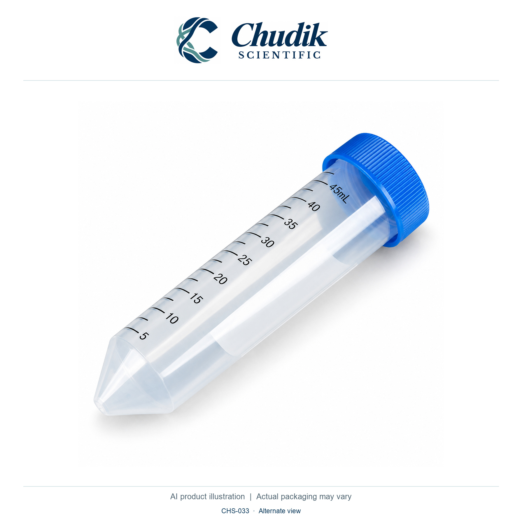 Sterile Conical Centrifuge Tubes, 50 mL, 50 mL, sterile, blue cap; case of 500 — alternate view, Chudik Scientific catalog illustration