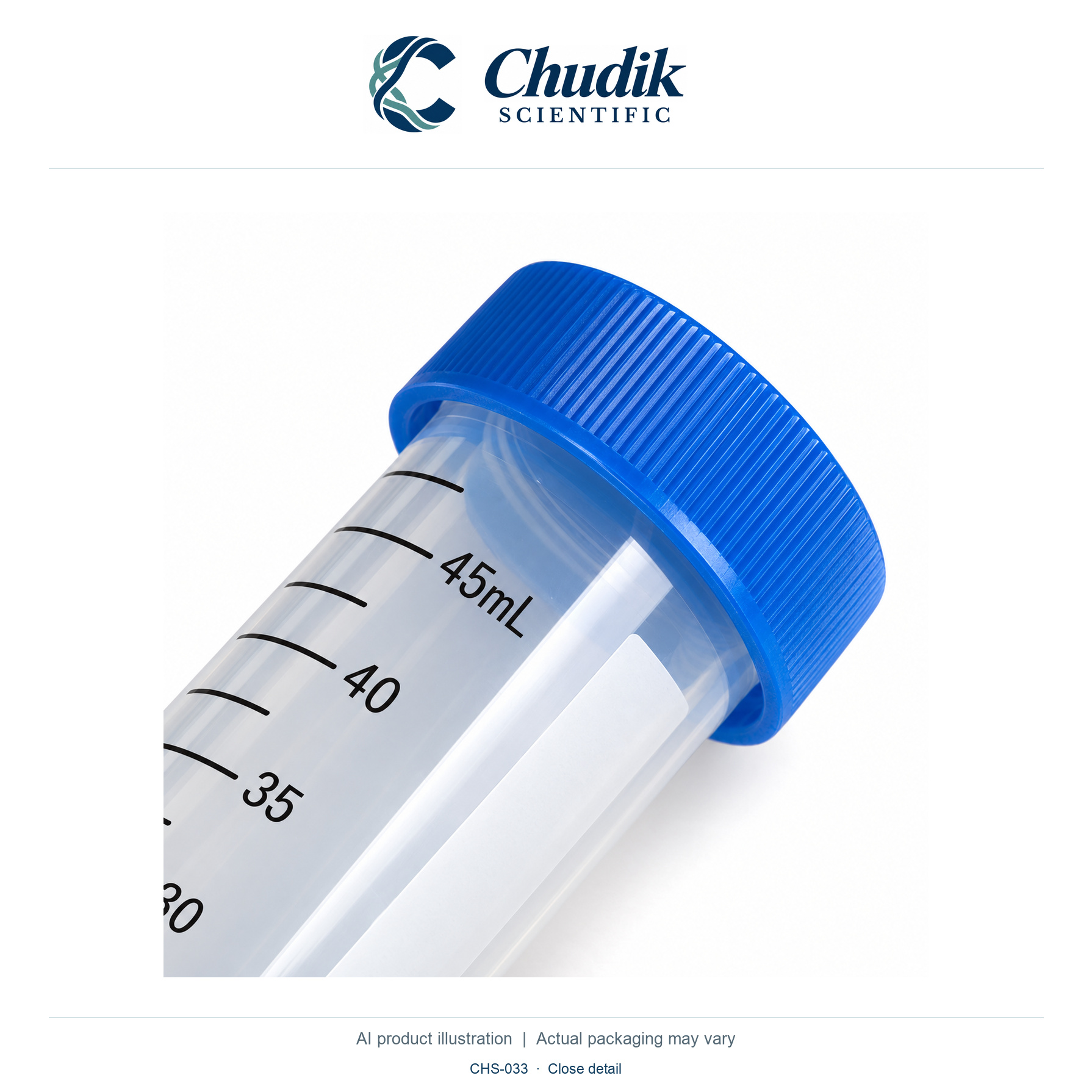 Sterile Conical Centrifuge Tubes, 50 mL, 50 mL, sterile, blue cap; case of 500 — close detail, Chudik Scientific catalog illustration