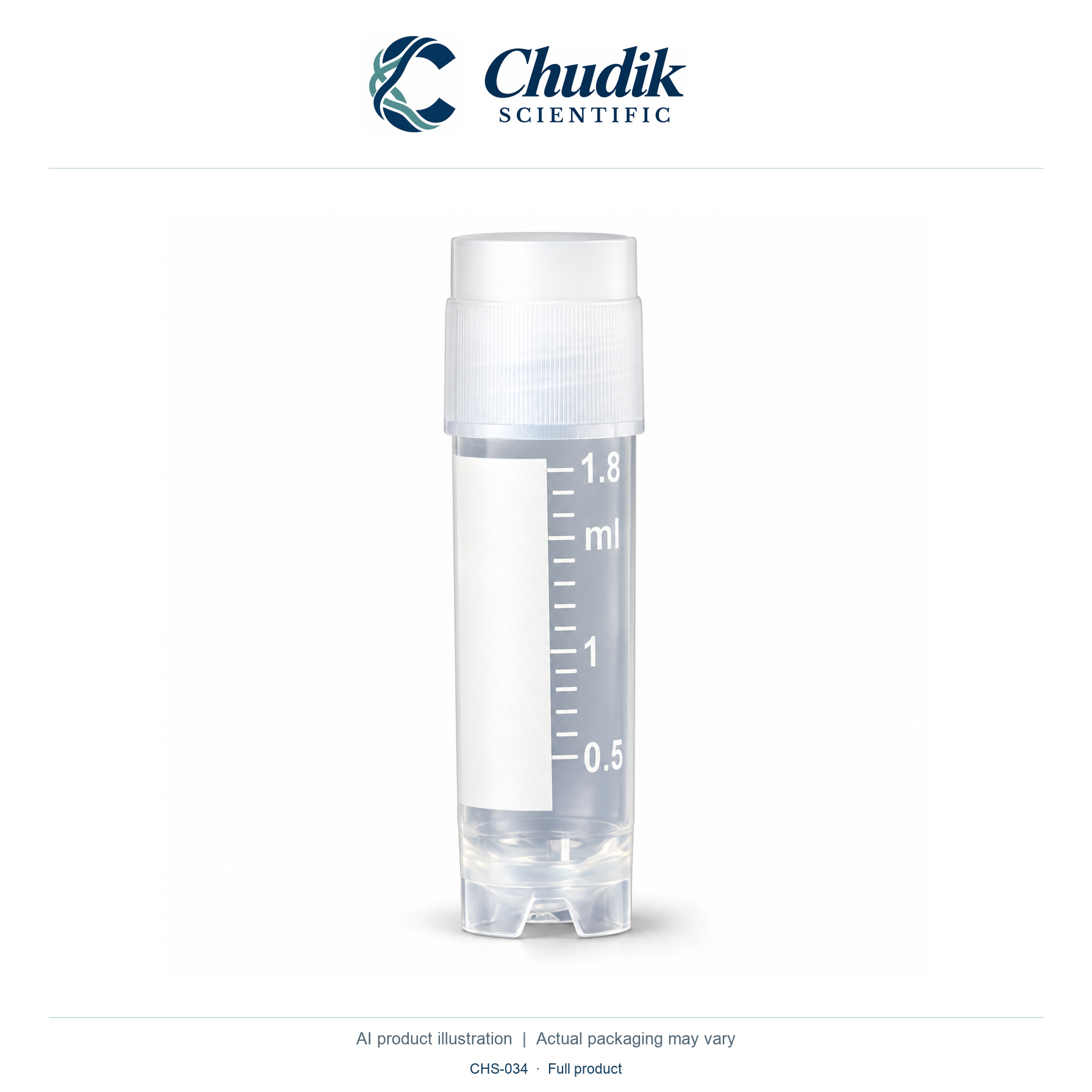 CryoClear Externally Threaded Vials, 2 mL, Bag of 50 — full product, Chudik Scientific catalog illustration