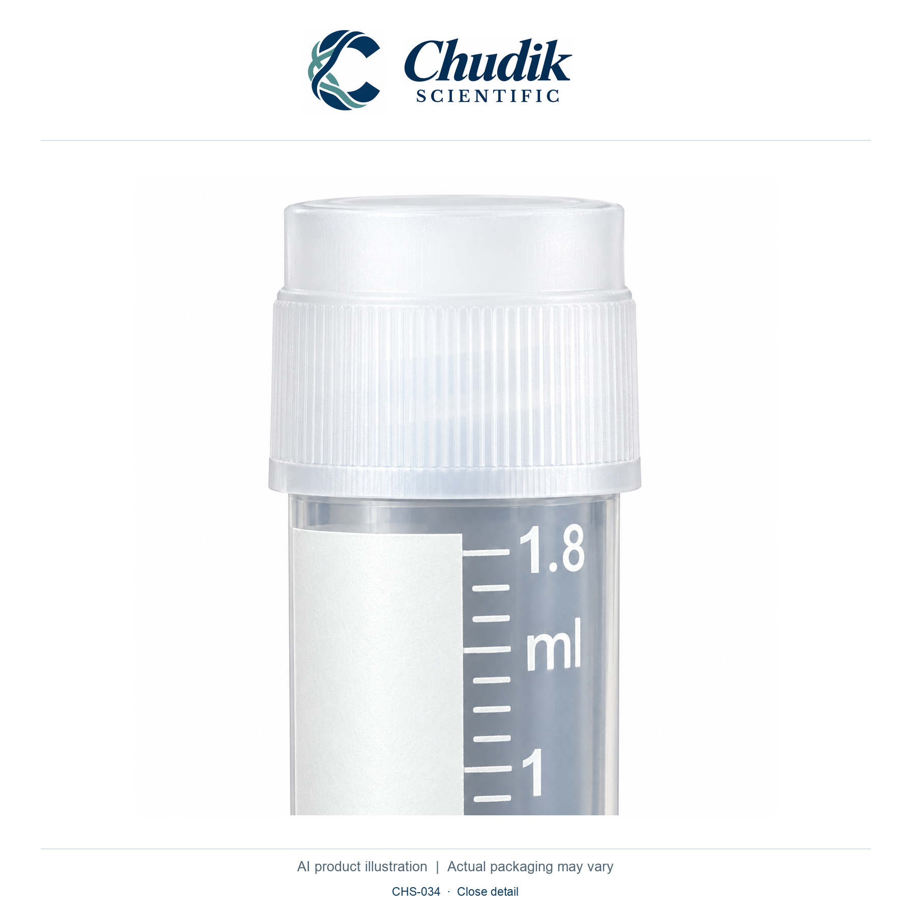 CryoClear Externally Threaded Vials, 2 mL, Bag of 50 — close detail, Chudik Scientific catalog illustration