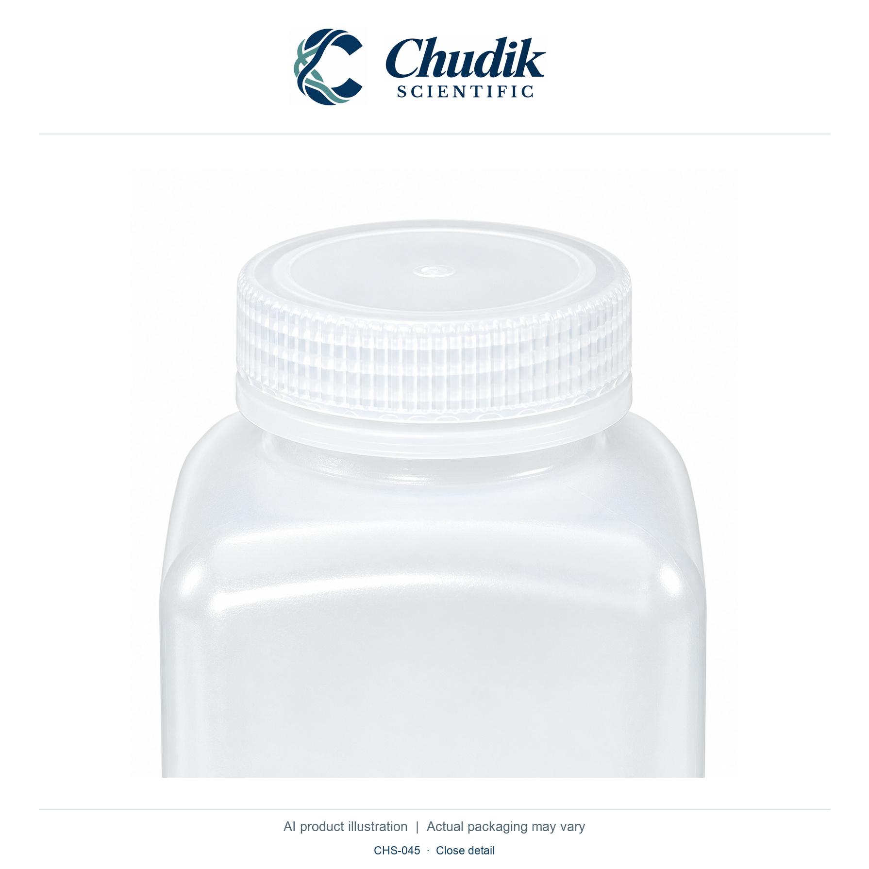 Diamond RealSeal Square PP Bottles, 1 L, Pack of 6 — close detail, Chudik Scientific catalog illustration