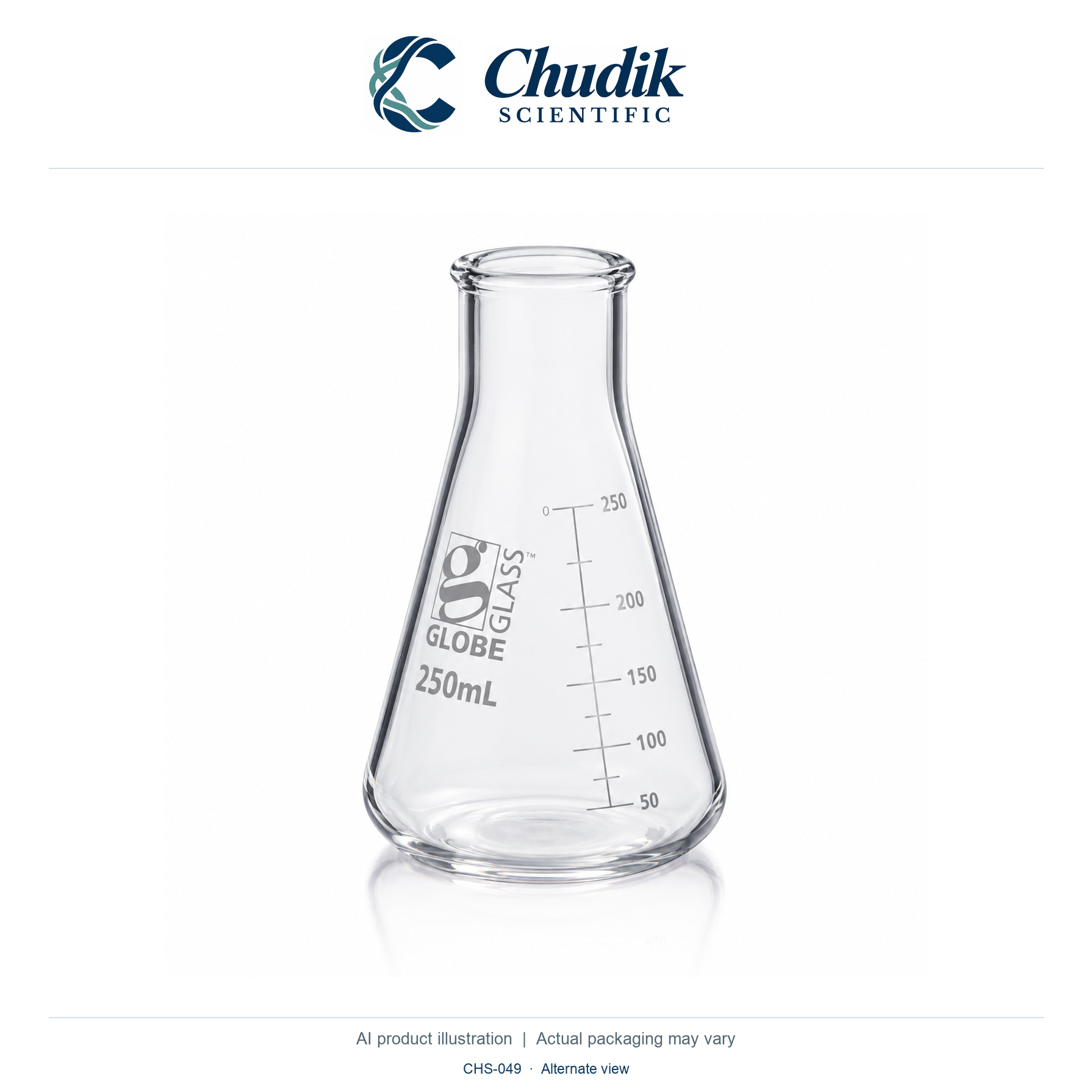 Wide-Mouth Glass Erlenmeyer Flasks, 250 mL, Box of 12 — alternate view, Chudik Scientific catalog illustration