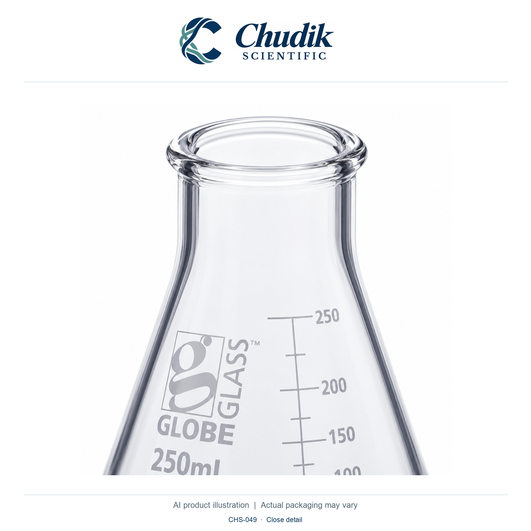 Wide-Mouth Glass Erlenmeyer Flasks, 250 mL, Box of 12 — close detail, Chudik Scientific catalog illustration