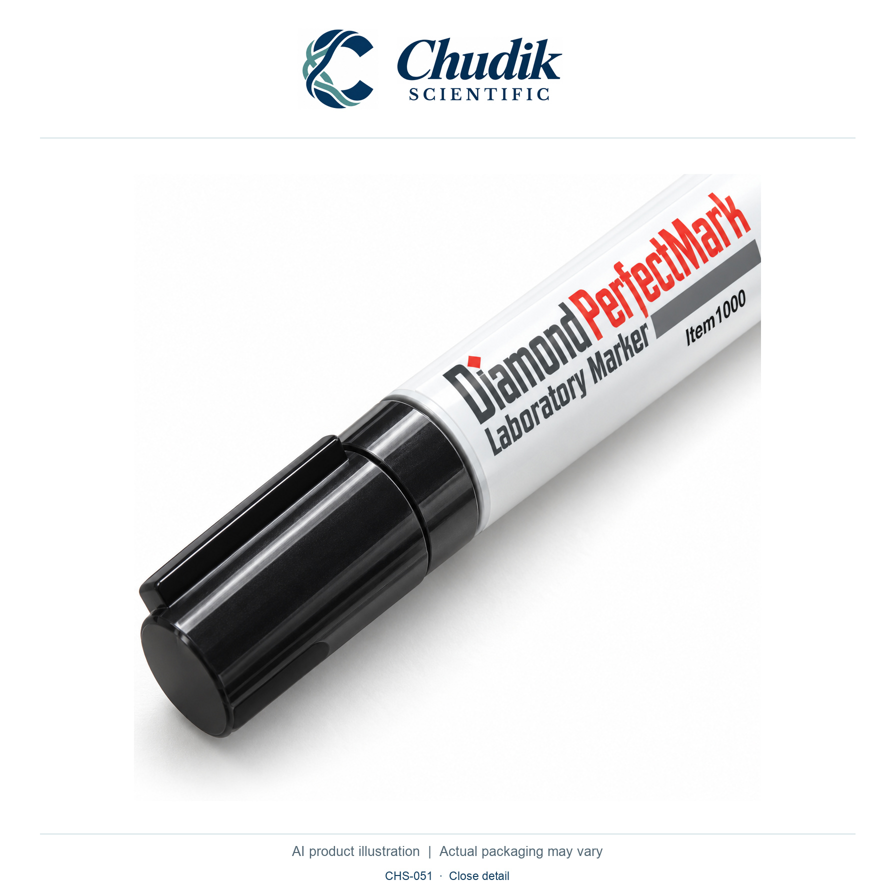 Diamond Perfect Mark Black Laboratory Markers, Box of 10 — close detail, Chudik Scientific catalog illustration