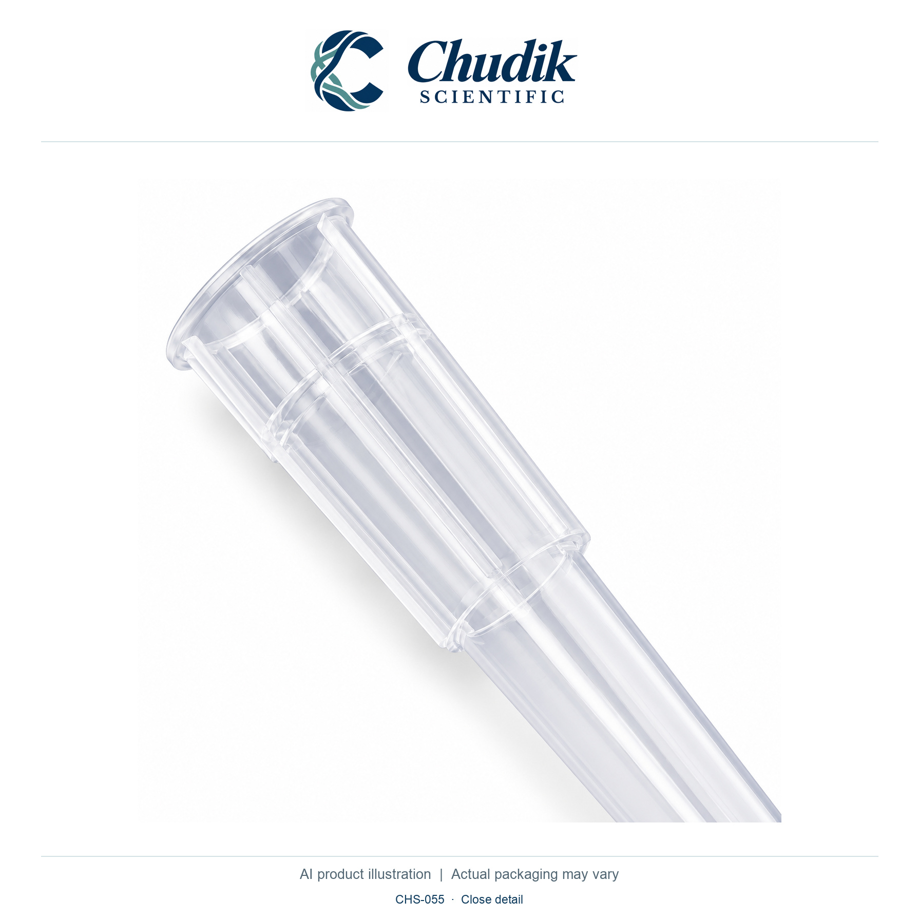 Sterile Low-Retention Pipette Tips, 1–200 µL, Box of 960 — close detail, Chudik Scientific catalog illustration