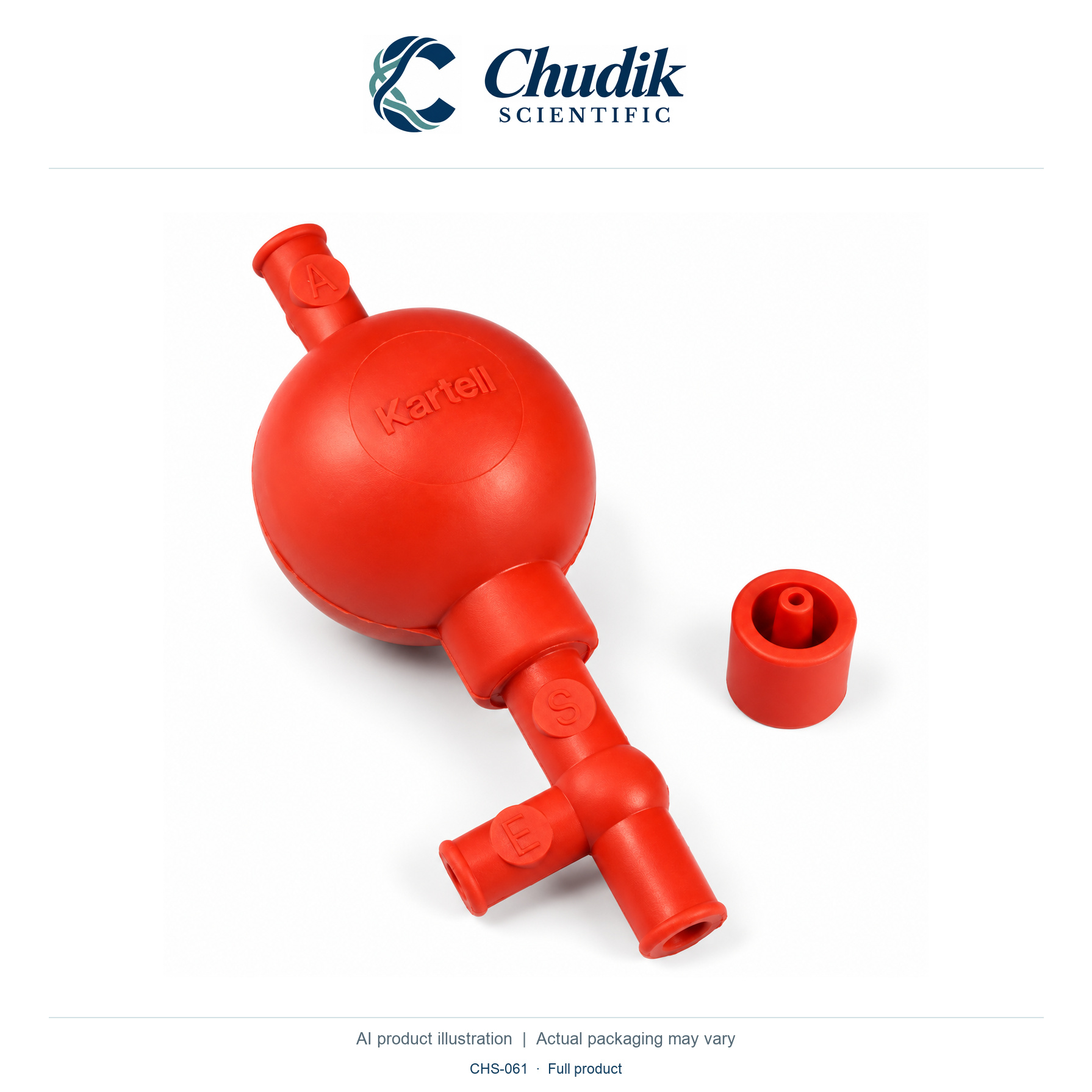 Red Rubber Pipette Filler Bulb with Adapter, Each — full product, Chudik Scientific catalog illustration