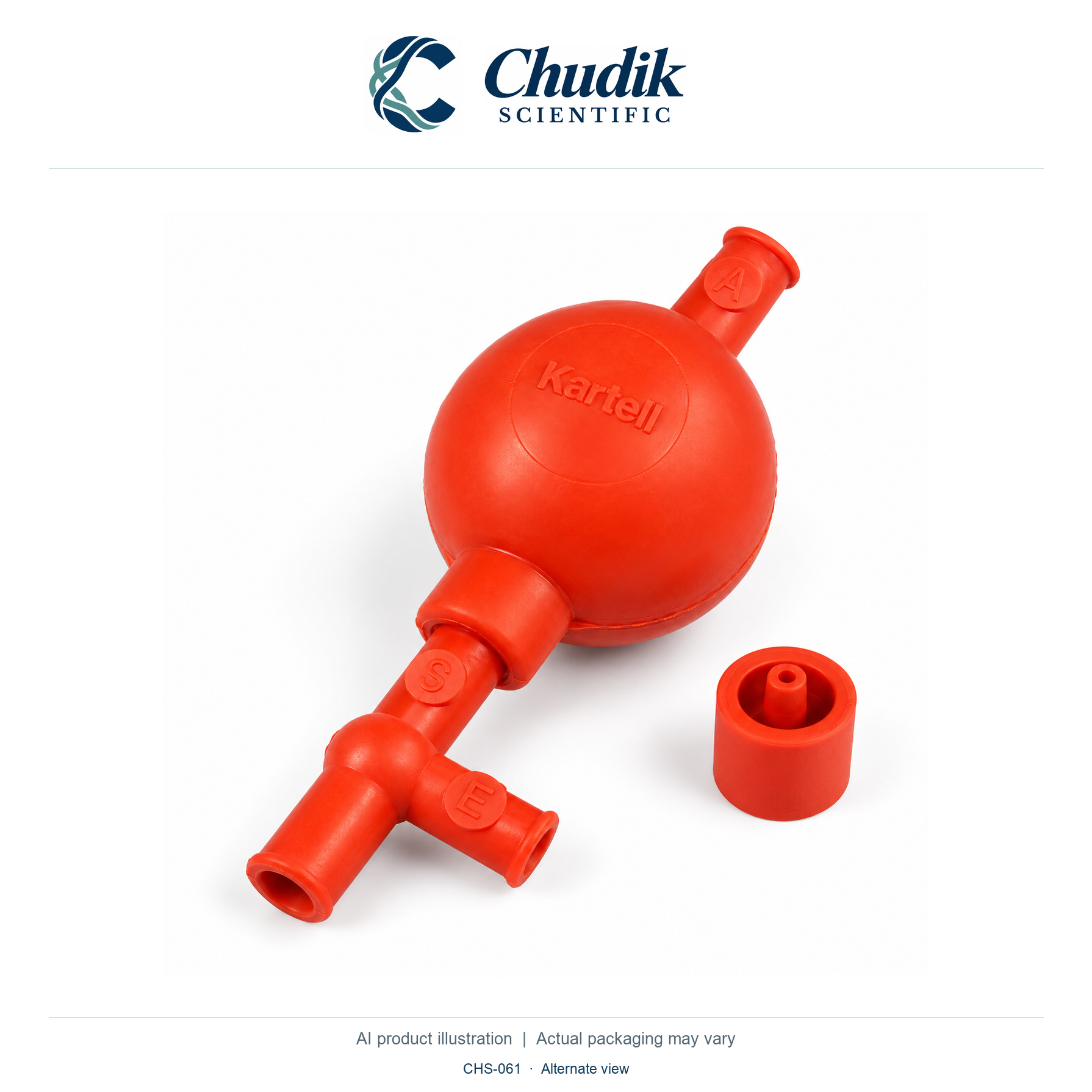 Red Rubber Pipette Filler Bulb with Adapter, Each — alternate view, Chudik Scientific catalog illustration
