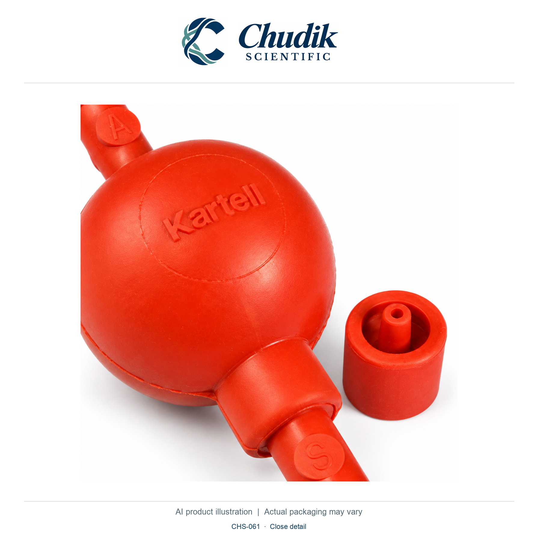Red Rubber Pipette Filler Bulb with Adapter, Each — close detail, Chudik Scientific catalog illustration