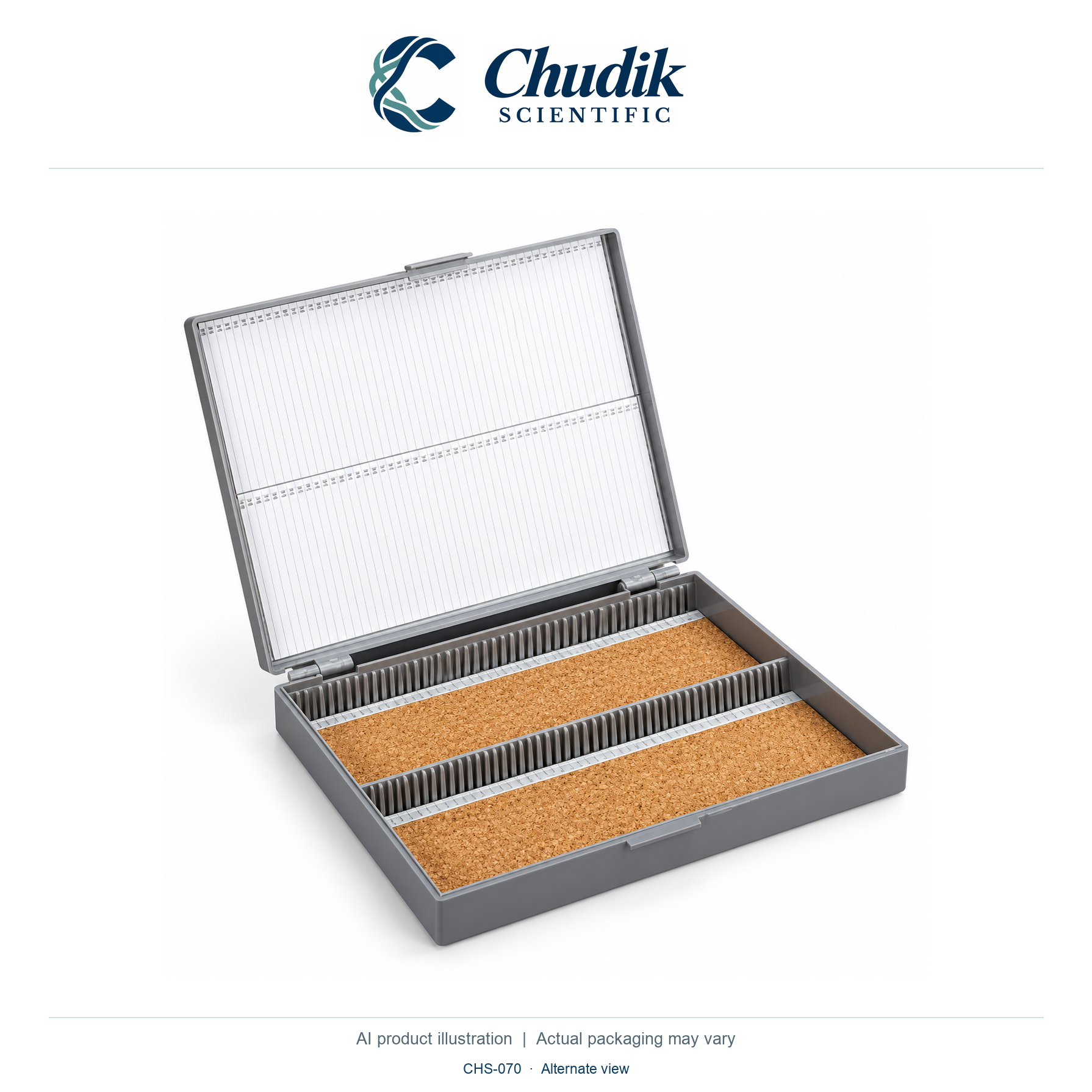 Gray Cork-Lined 100-Slide Storage Box, EACH / Gray — alternate view, Chudik Scientific catalog illustration