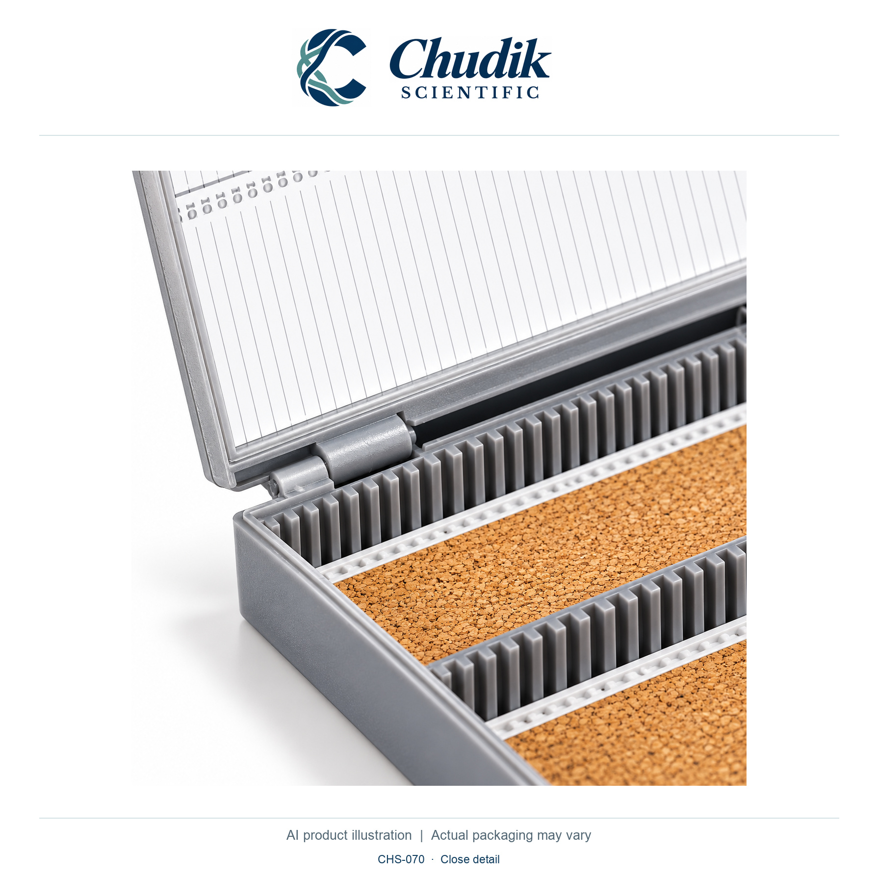 Gray Cork-Lined 100-Slide Storage Box, EACH / Gray — close detail, Chudik Scientific catalog illustration