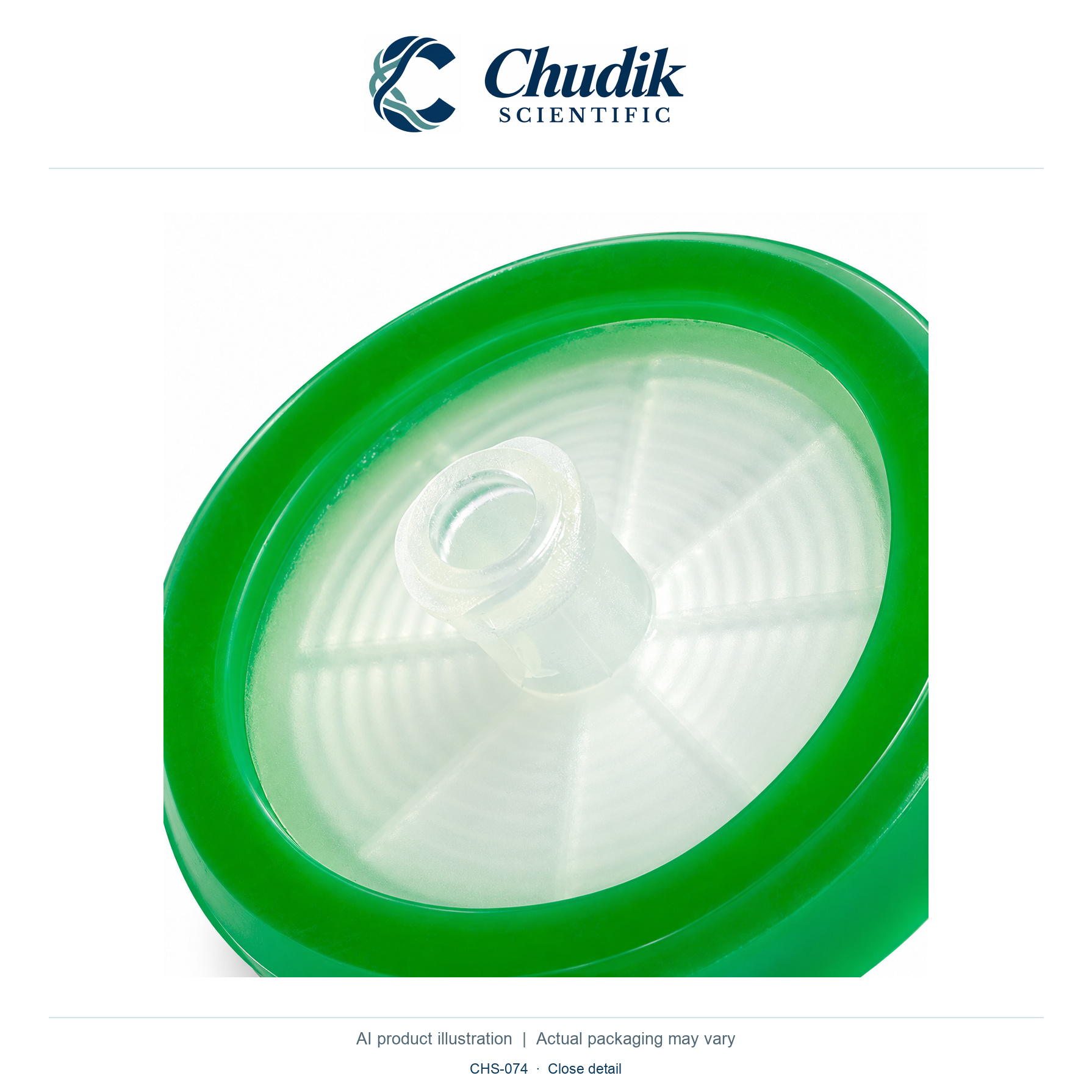 Sterile PES Syringe Filters, 0.22 µm, 30 mm, Box of 50 / Green — close detail, Chudik Scientific catalog illustration