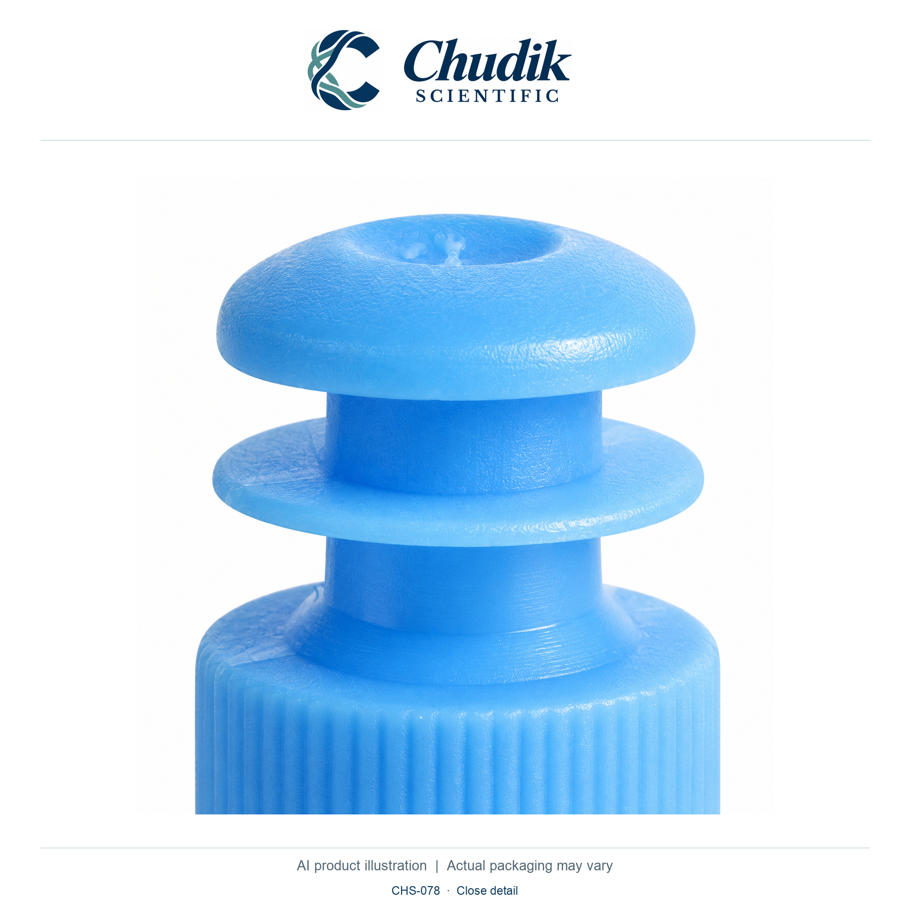 Blue 12 mm Flange-Plug Tube Caps, Bag of 1000 / Blue — close detail, Chudik Scientific catalog illustration