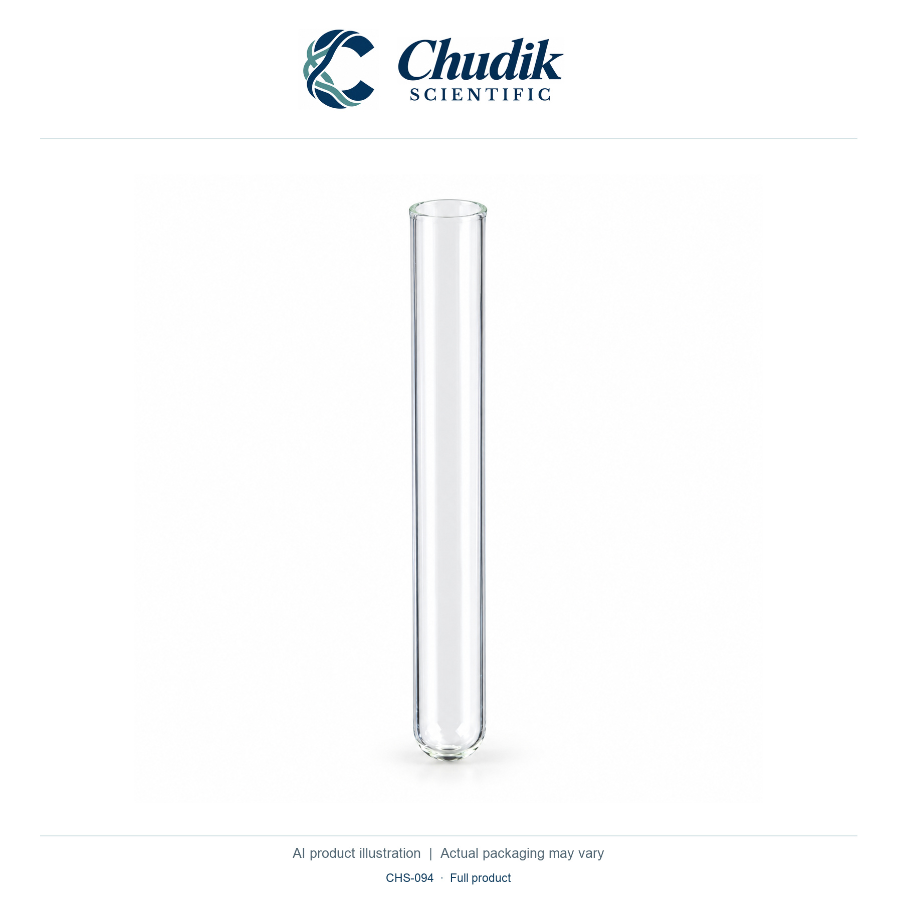 Borosilicate Glass Culture Tubes, 10 mL, Case of 1000 — full product, Chudik Scientific catalog illustration