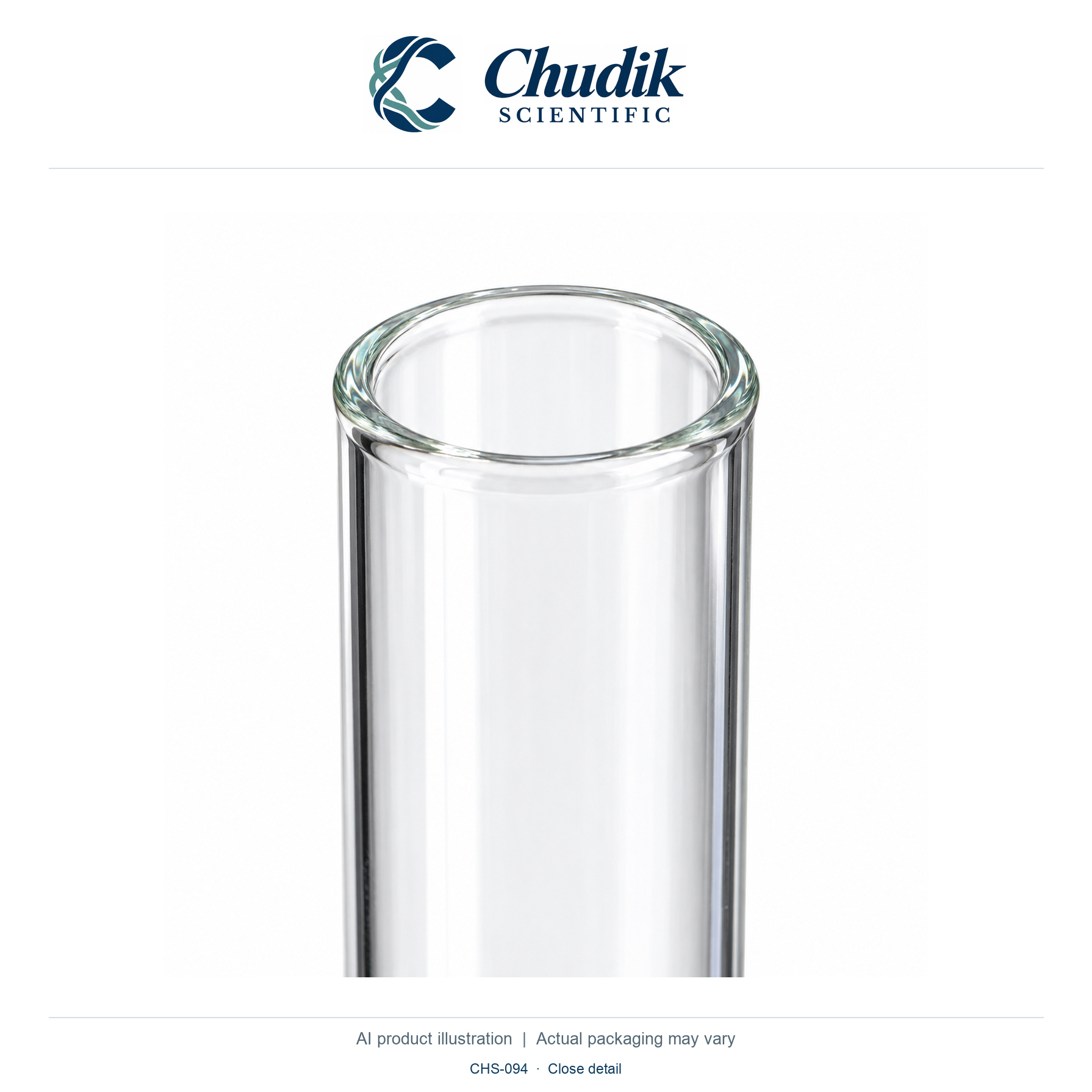 Borosilicate Glass Culture Tubes, 10 mL, Case of 1000 — close detail, Chudik Scientific catalog illustration