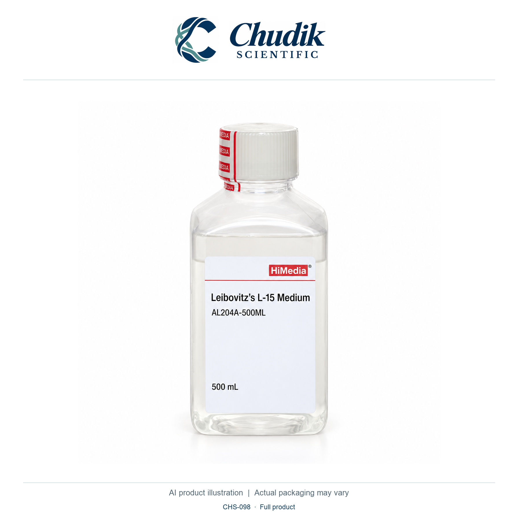 Leibovitz’s L-15 Medium, 500 mL — full product, Chudik Scientific catalog illustration