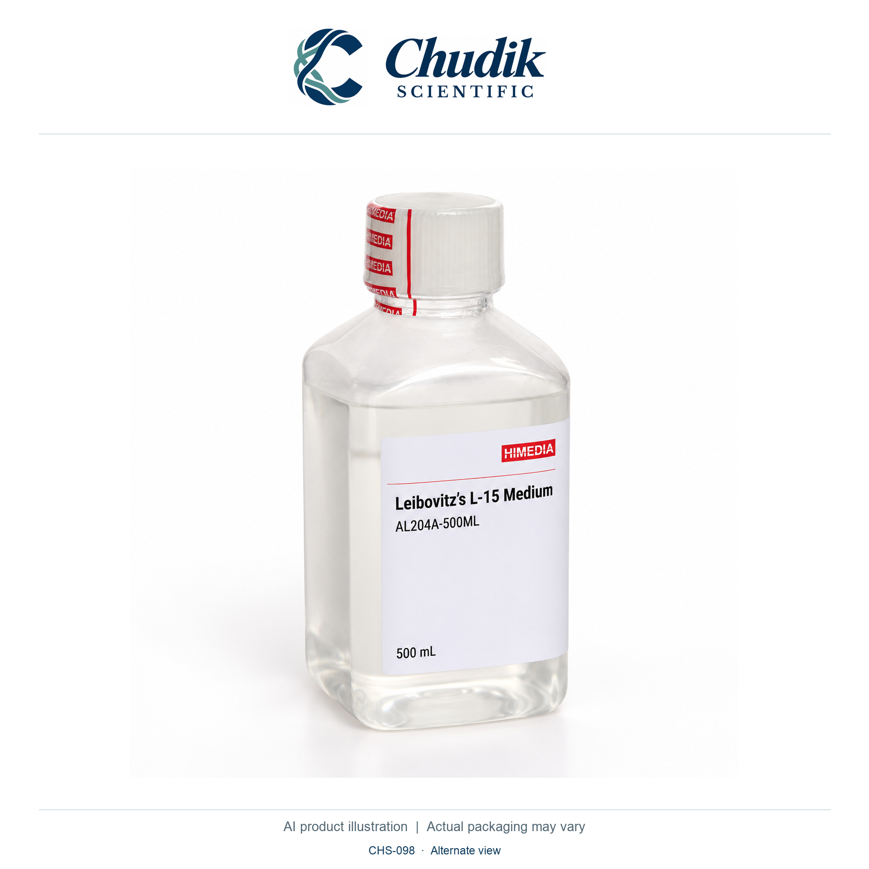 Leibovitz’s L-15 Medium, 500 mL — alternate view, Chudik Scientific catalog illustration