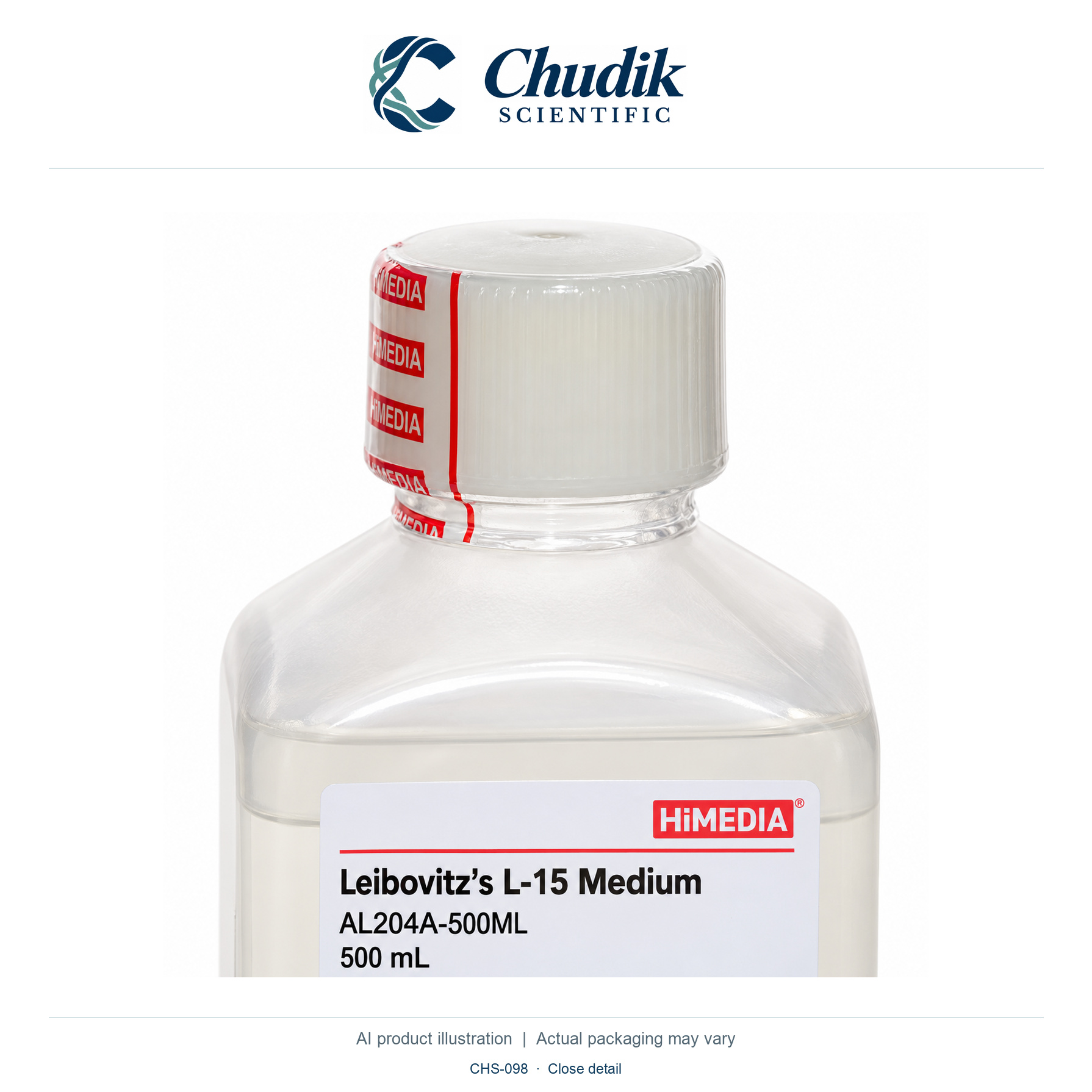 Leibovitz’s L-15 Medium, 500 mL — close detail, Chudik Scientific catalog illustration