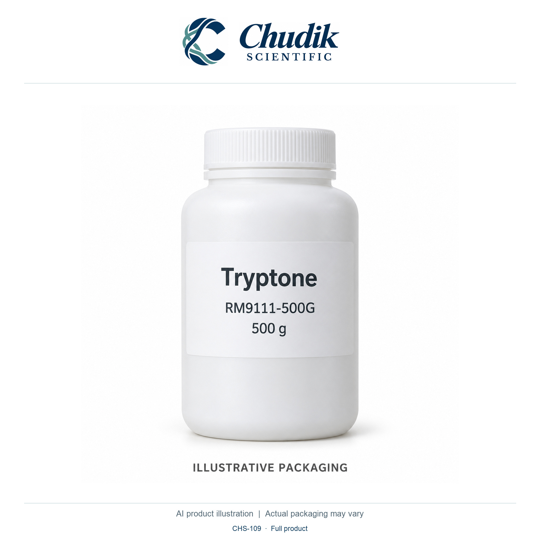 Tryptone, ES, 500 g — full product, Chudik Scientific catalog illustration