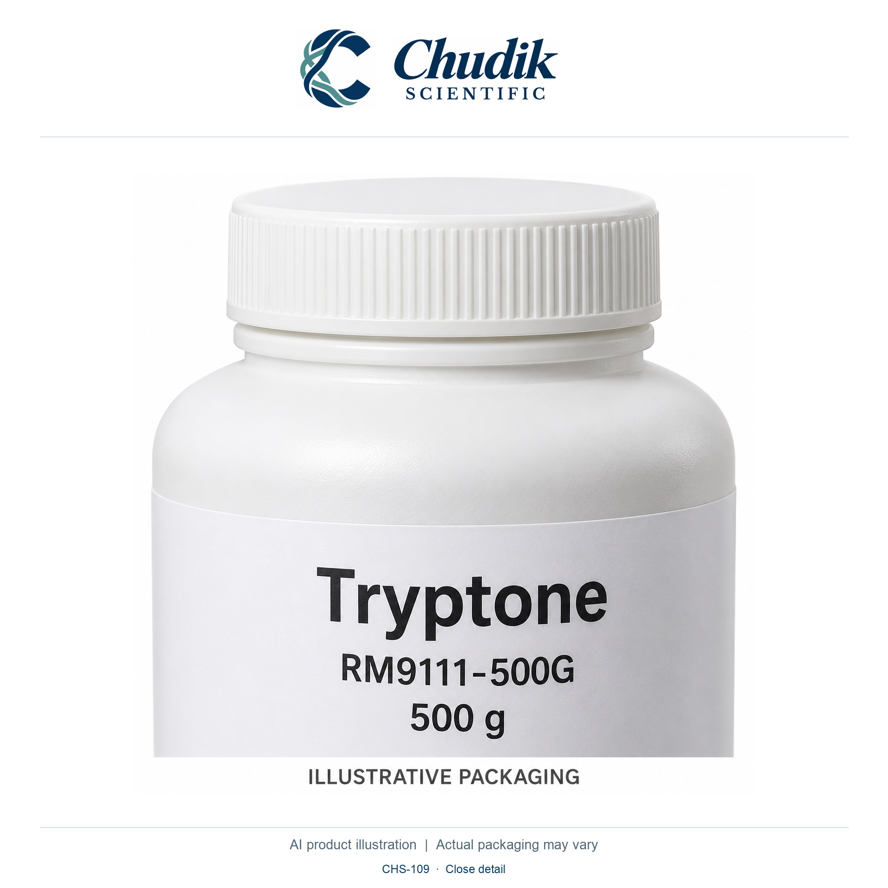 Tryptone, ES, 500 g — close detail, Chudik Scientific catalog illustration