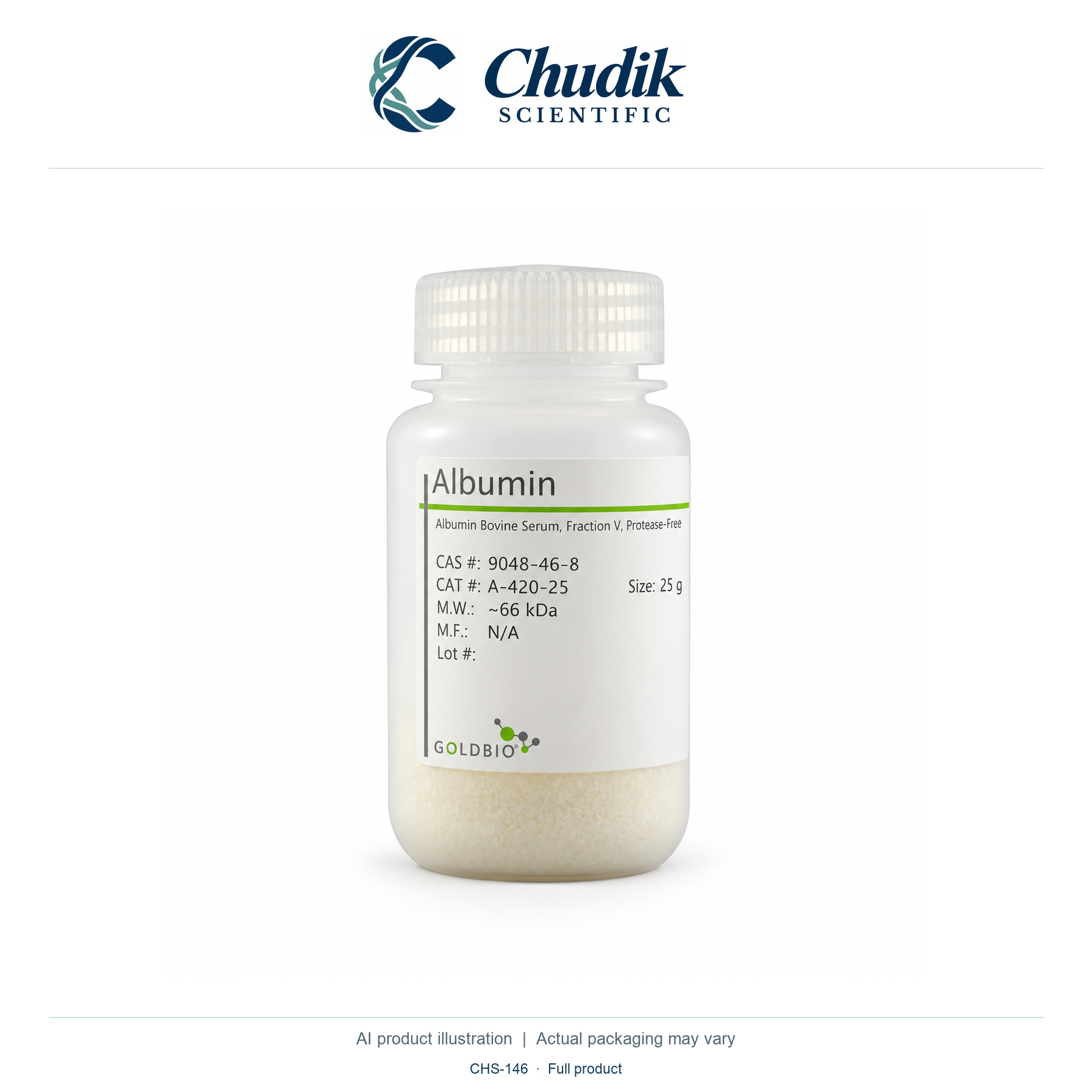 Bovine Serum Albumin, Fraction V, Protease-free powder, 25 g — full product, Chudik Scientific catalog illustration
