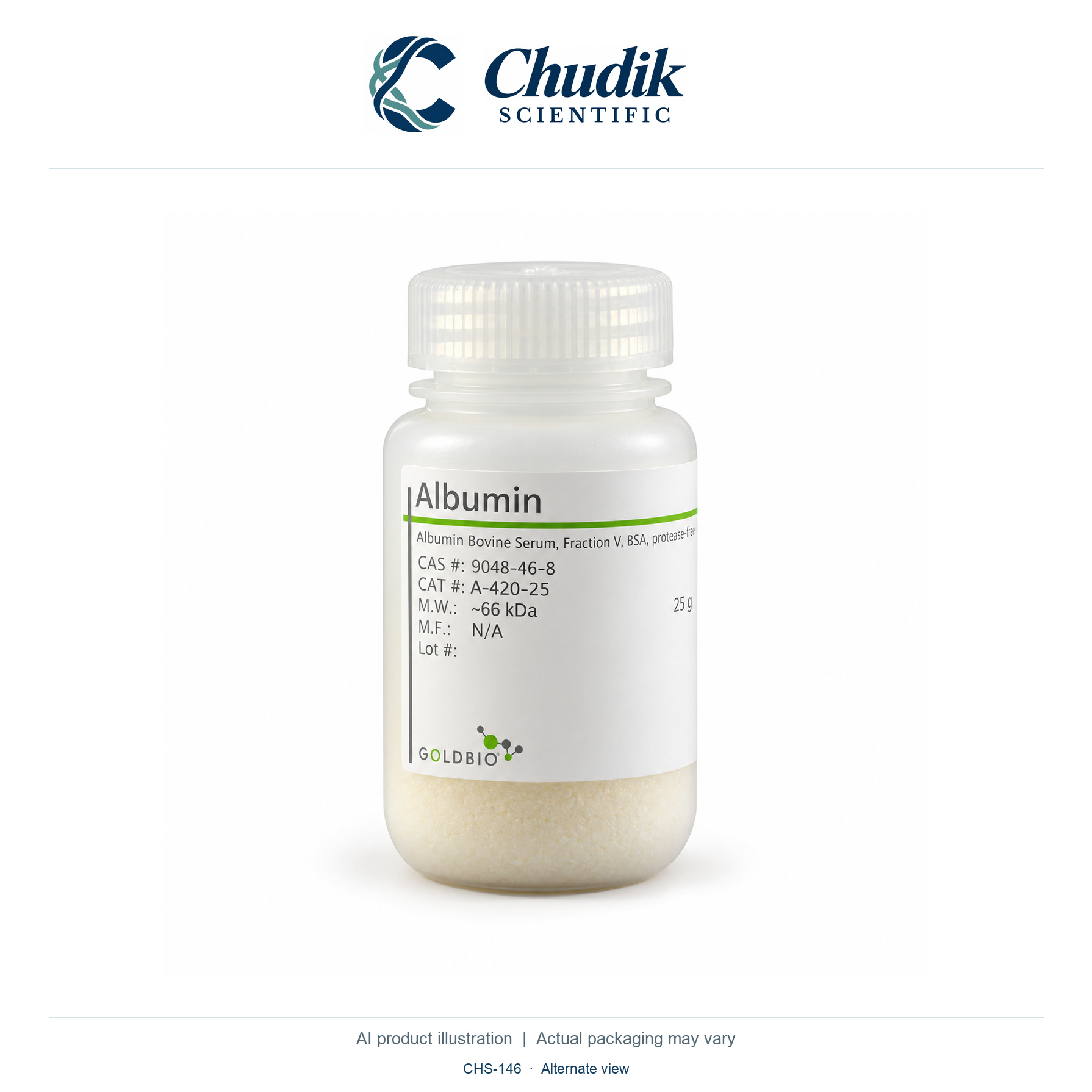 Bovine Serum Albumin, Fraction V, Protease-free powder, 25 g — alternate view, Chudik Scientific catalog illustration