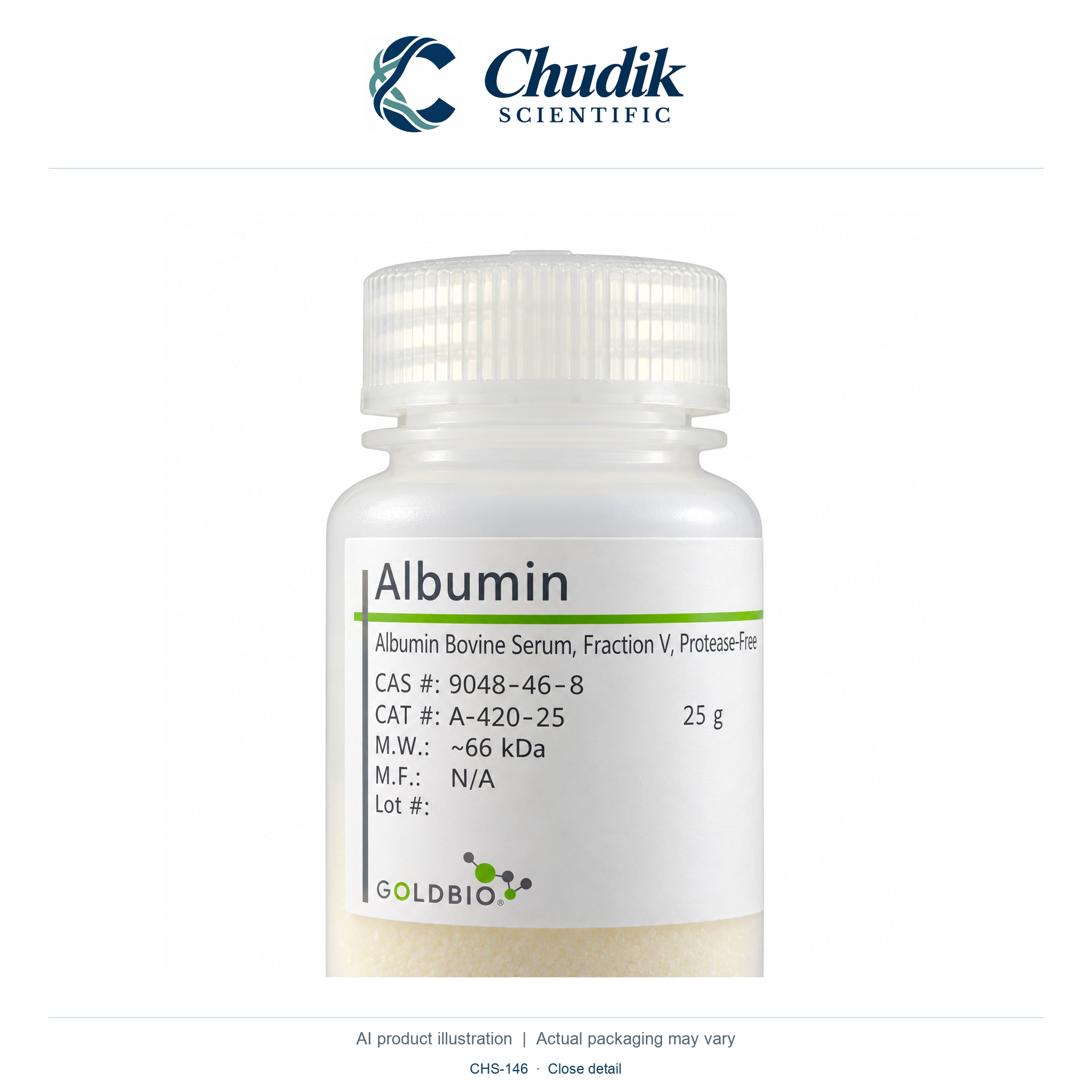 Bovine Serum Albumin, Fraction V, Protease-free powder, 25 g — close detail, Chudik Scientific catalog illustration