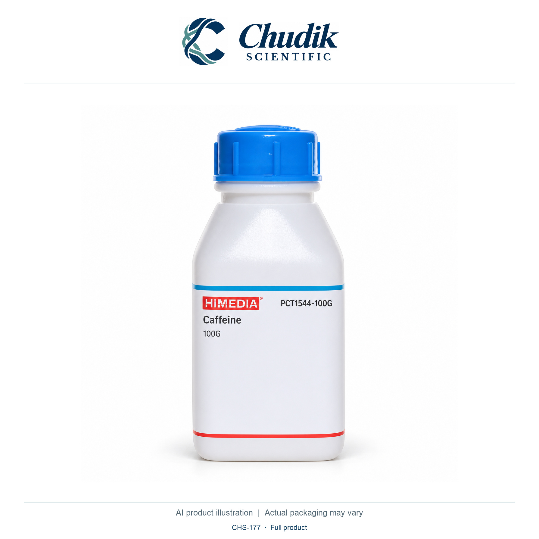 Caffeine anhydrous, 100 g — full product, Chudik Scientific catalog illustration