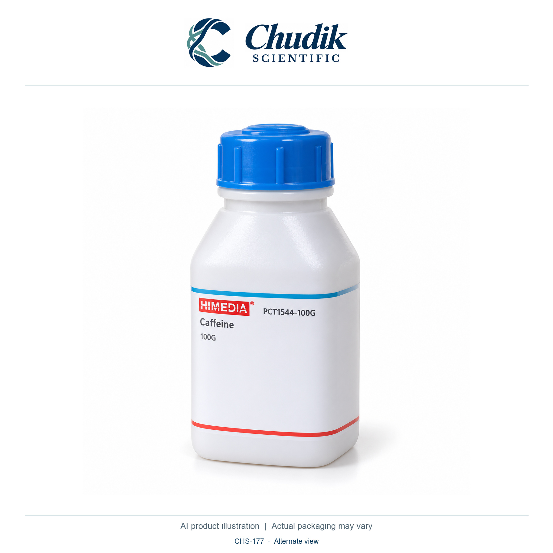 Caffeine anhydrous, 100 g — alternate view, Chudik Scientific catalog illustration