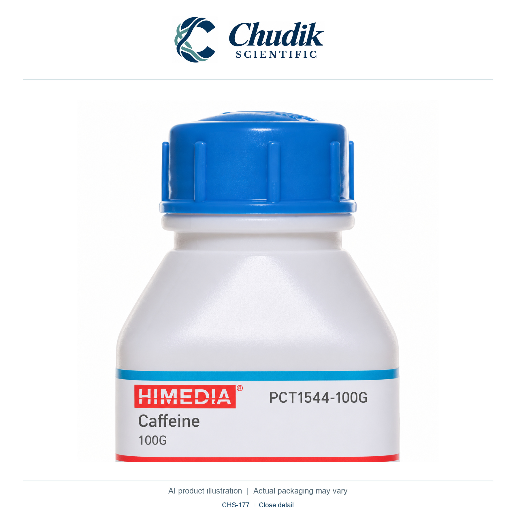 Caffeine anhydrous, 100 g — close detail, Chudik Scientific catalog illustration