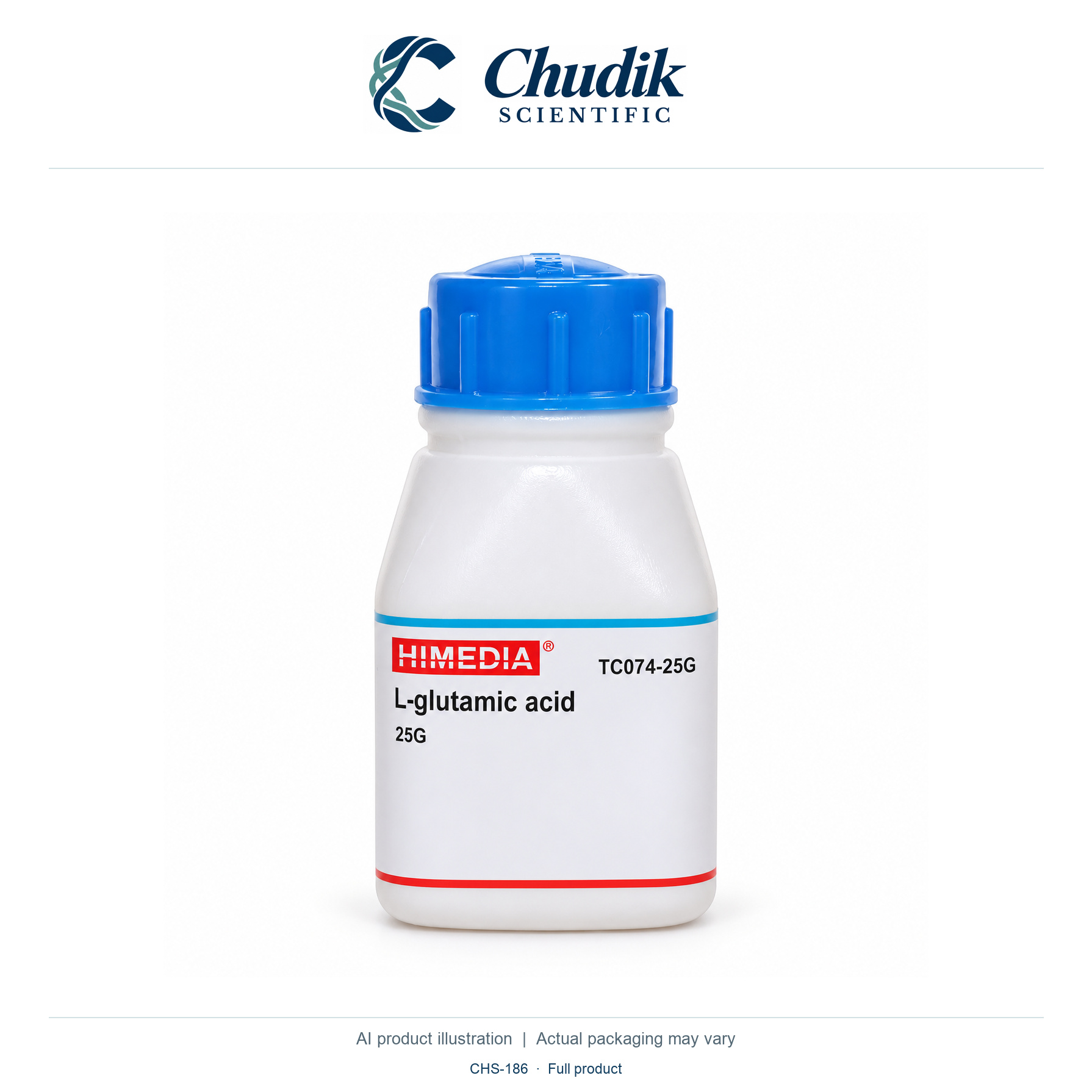 L-Glutamic acid, 25 g — full product, Chudik Scientific catalog illustration