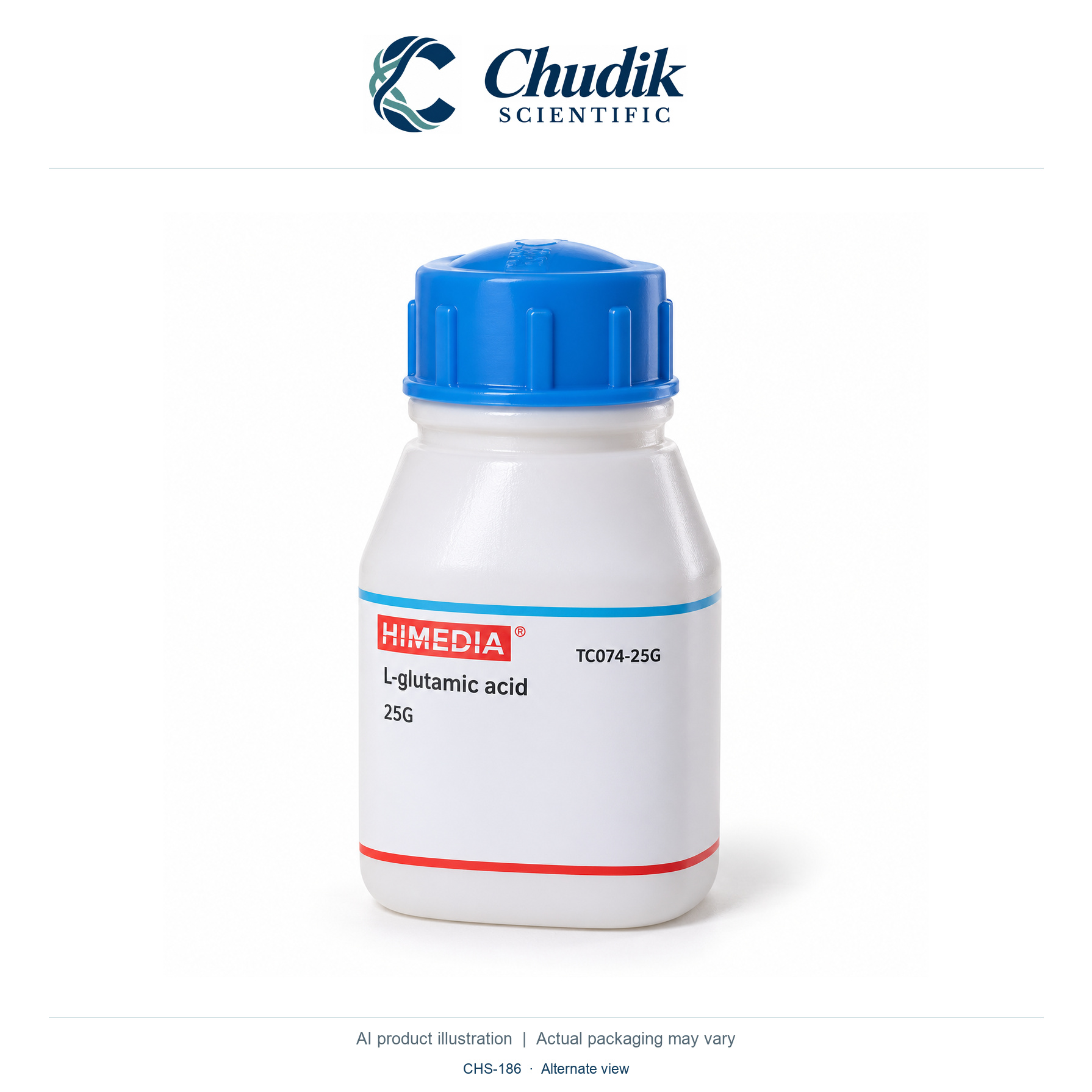 L-Glutamic acid, 25 g — alternate view, Chudik Scientific catalog illustration