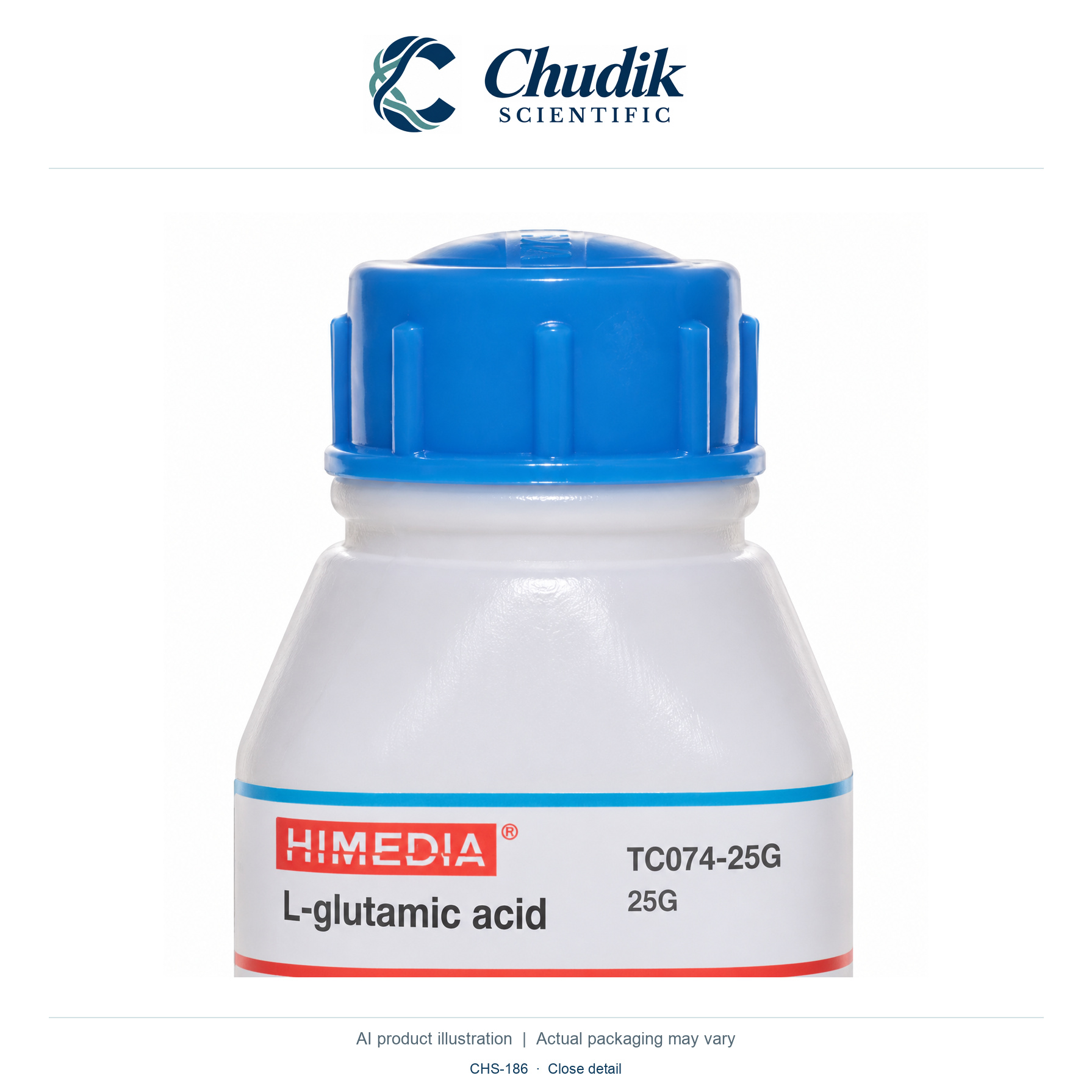 L-Glutamic acid, 25 g — close detail, Chudik Scientific catalog illustration