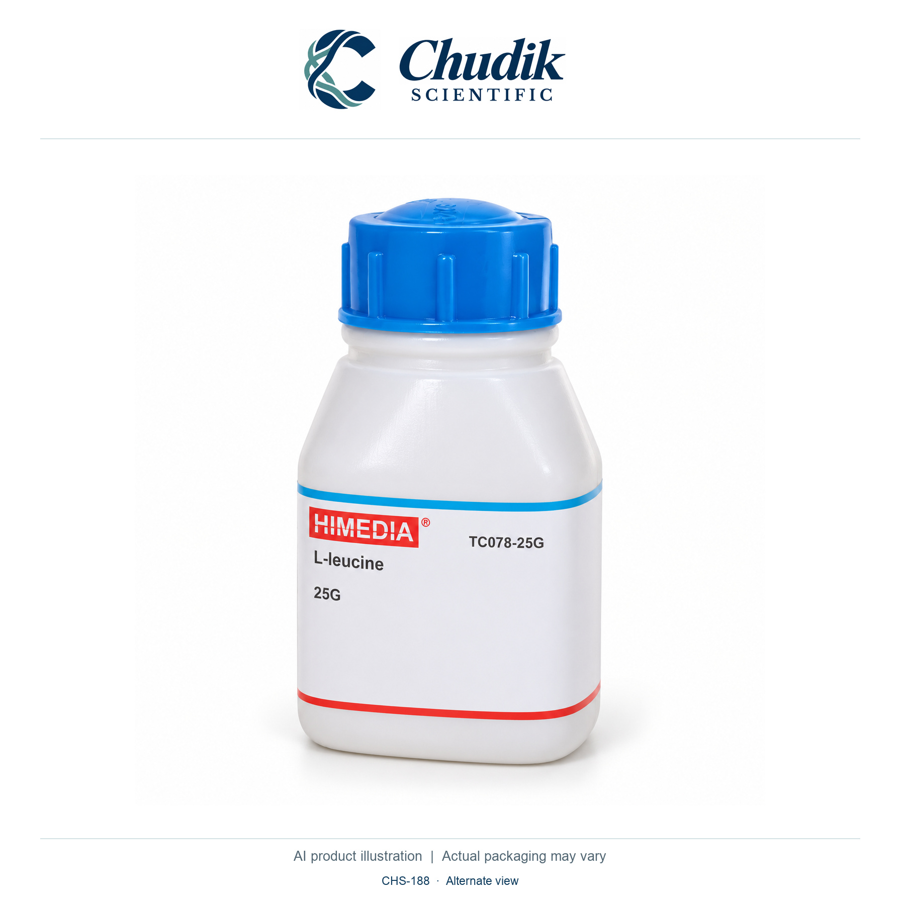 L-Leucine, 25 g — alternate view, Chudik Scientific catalog illustration