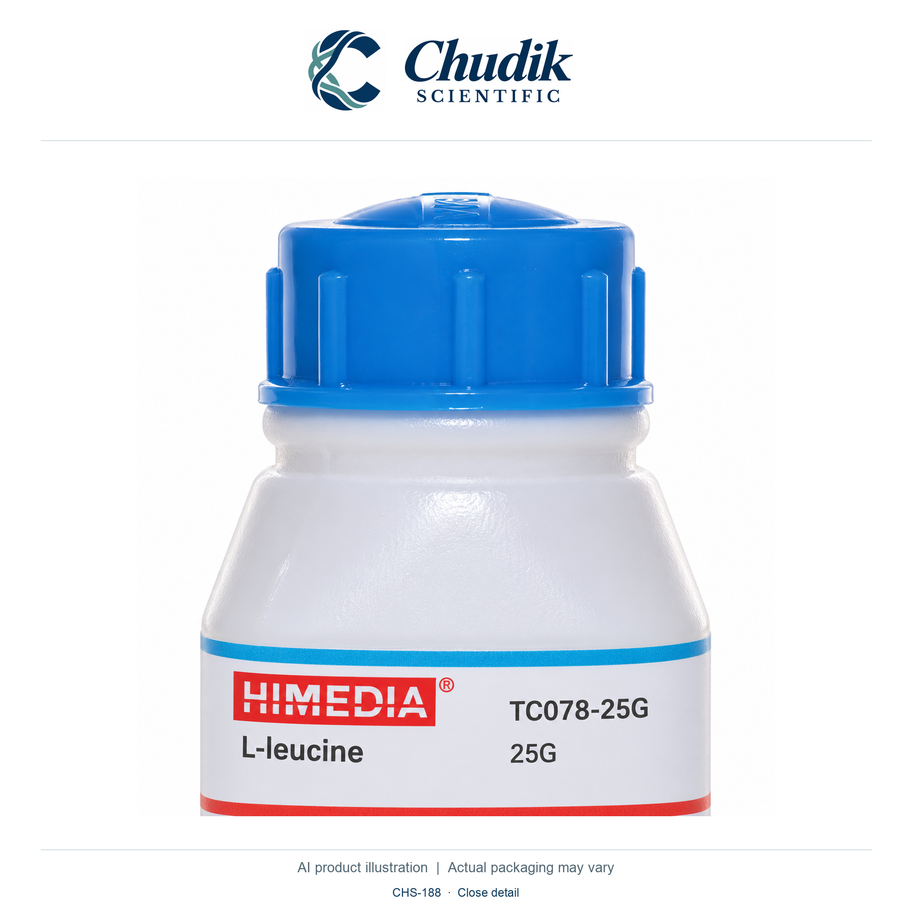 L-Leucine, 25 g — close detail, Chudik Scientific catalog illustration