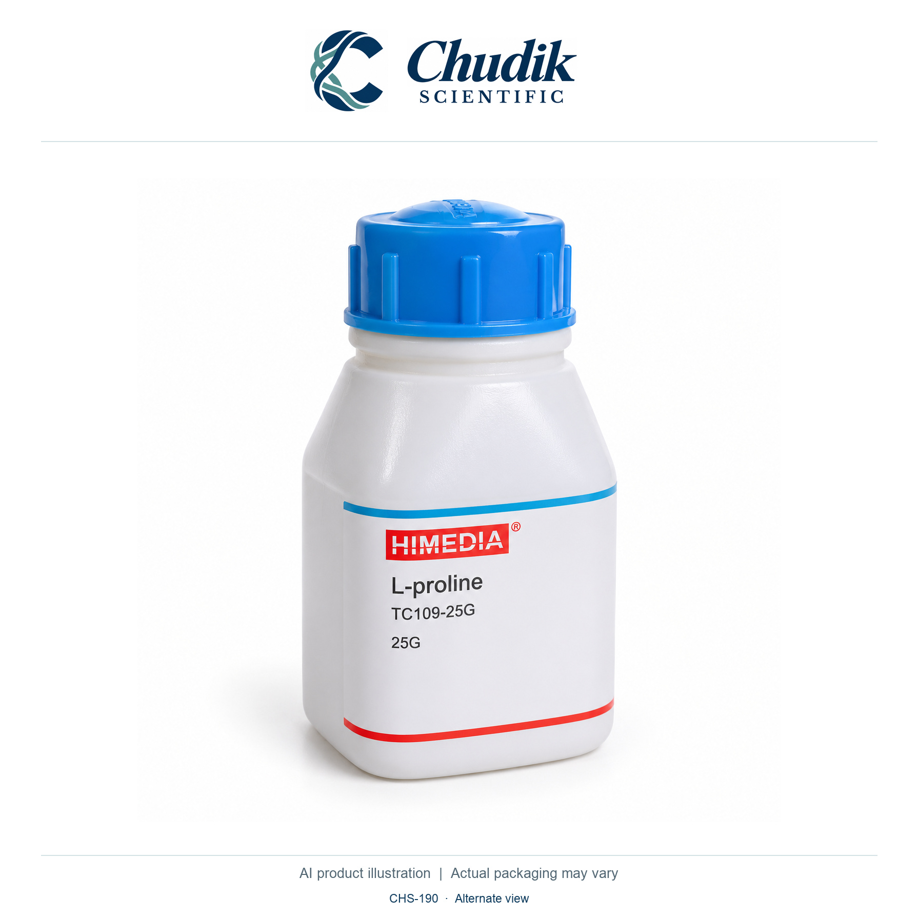 L-Proline, 25 g — alternate view, Chudik Scientific catalog illustration