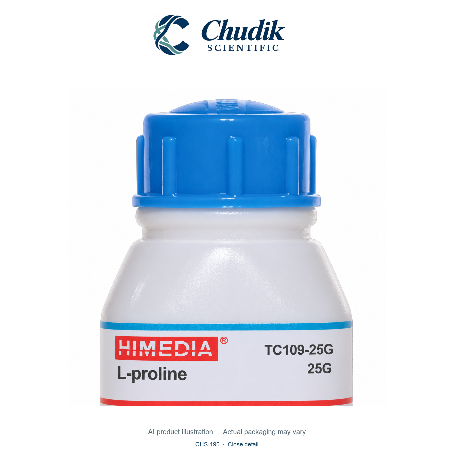 L-Proline, 25 g — close detail, Chudik Scientific catalog illustration