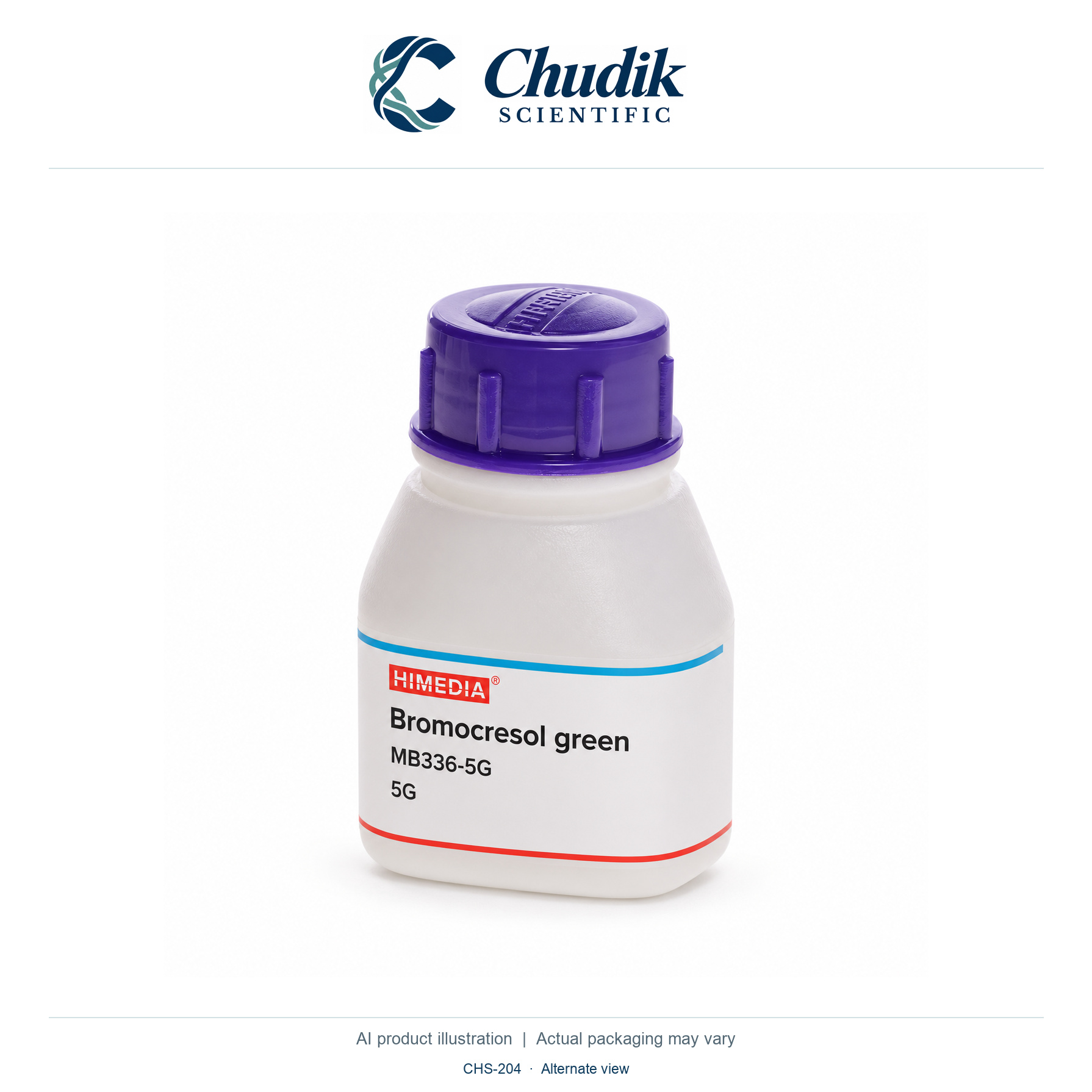 Bromocresol green, 5 g — alternate view, Chudik Scientific catalog illustration