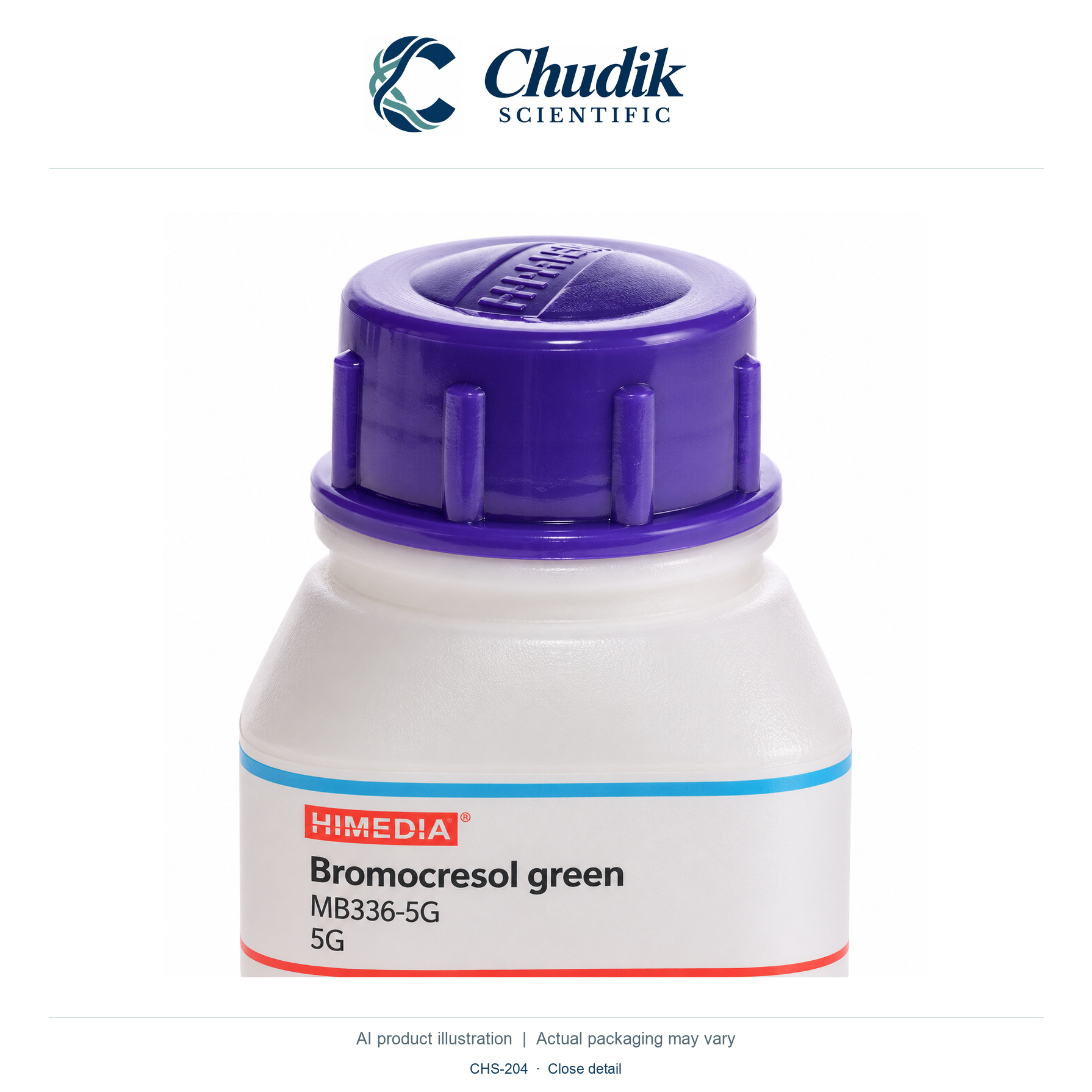 Bromocresol green, 5 g — close detail, Chudik Scientific catalog illustration